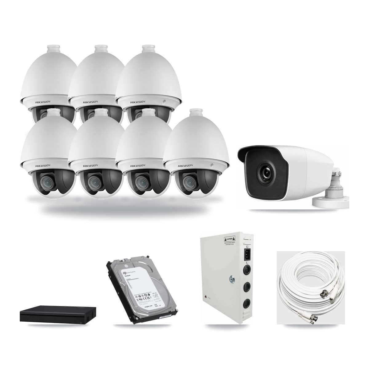 8-channel CCTV kit: 8 cameras (7× 2MP PTZ + 1× 3MP Bullet), 6TB hard drive