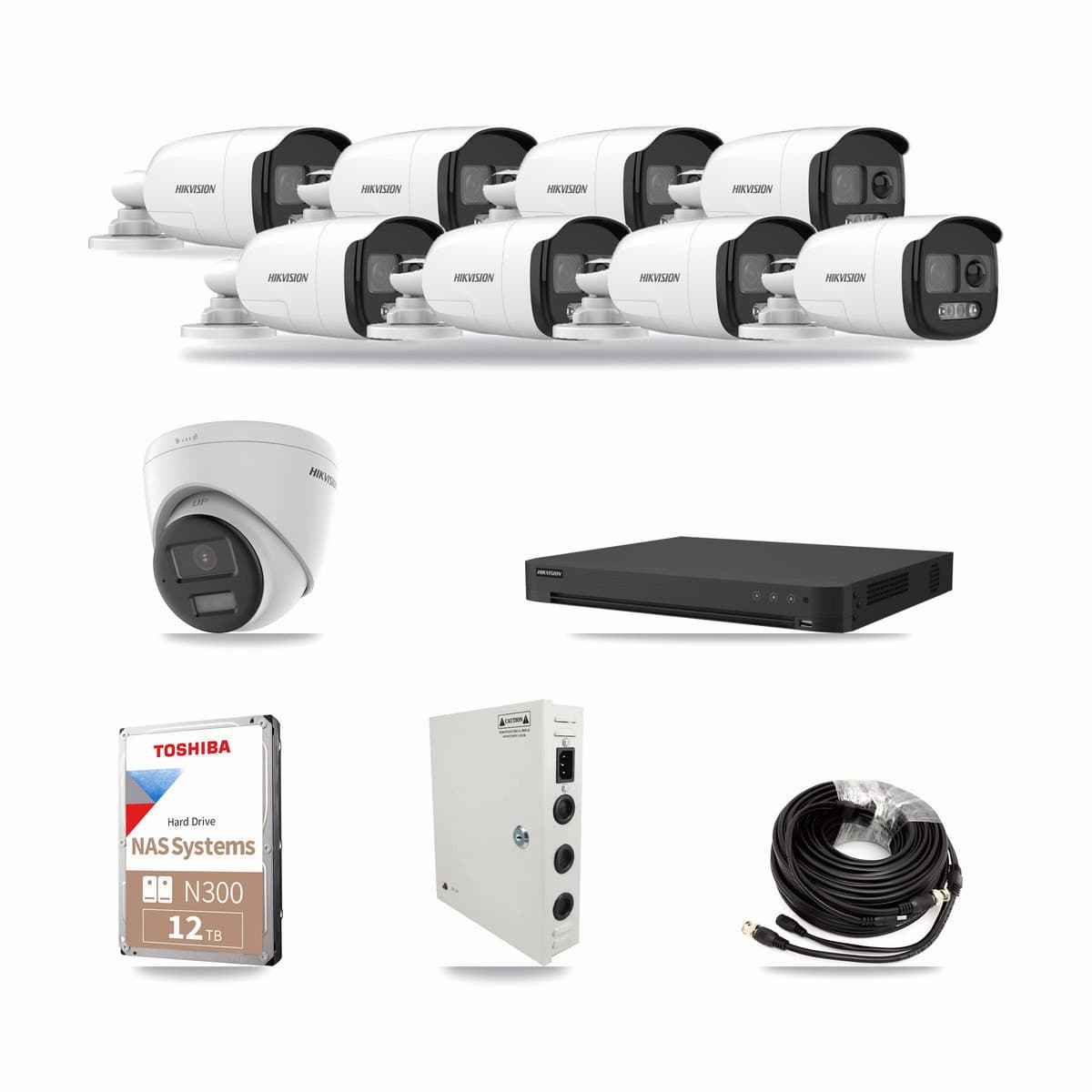 Hikvision 32-channel CCTV kit: 9 cameras (8× 5MP Bullet + 1× 5MP Turret), 12TB hard drive