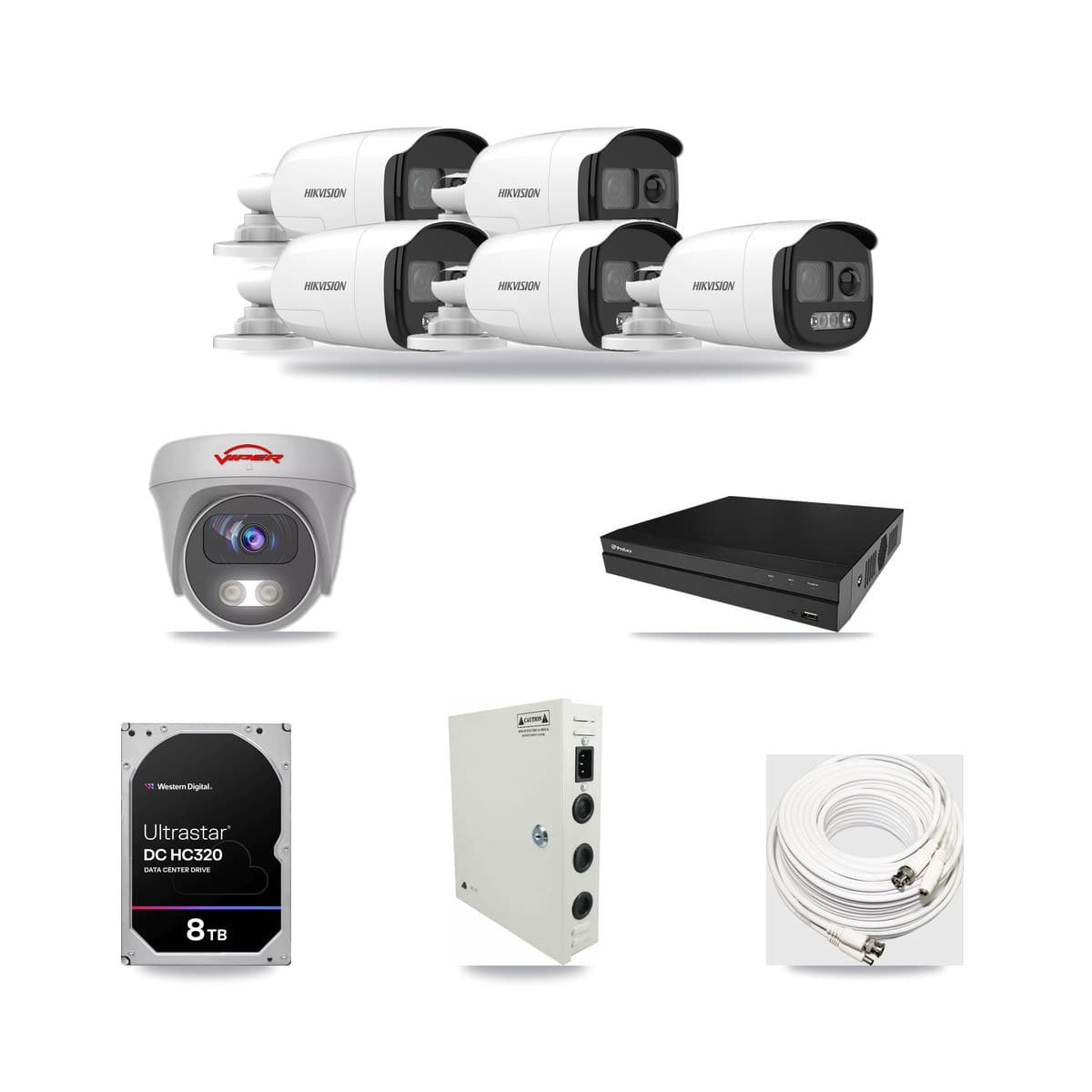8-Channel 5MP CCTV Kit — 5 DS-2CE12KF3T Bullet + 1 White VIPER-5MP-3K Cameras + 8TB Recording (PXD-5208AN Recorder) - Image 1