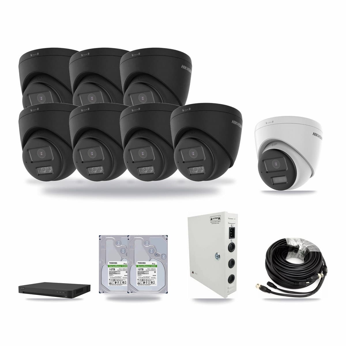 Hikvision 16-channel CCTV kit: 8 cameras (7× 4K Turret DS-2CE78U0T-LTS-BLACK + 1× 4K Turret DS-2CE78U0T-LPTS), 2× 10TB hard drive
