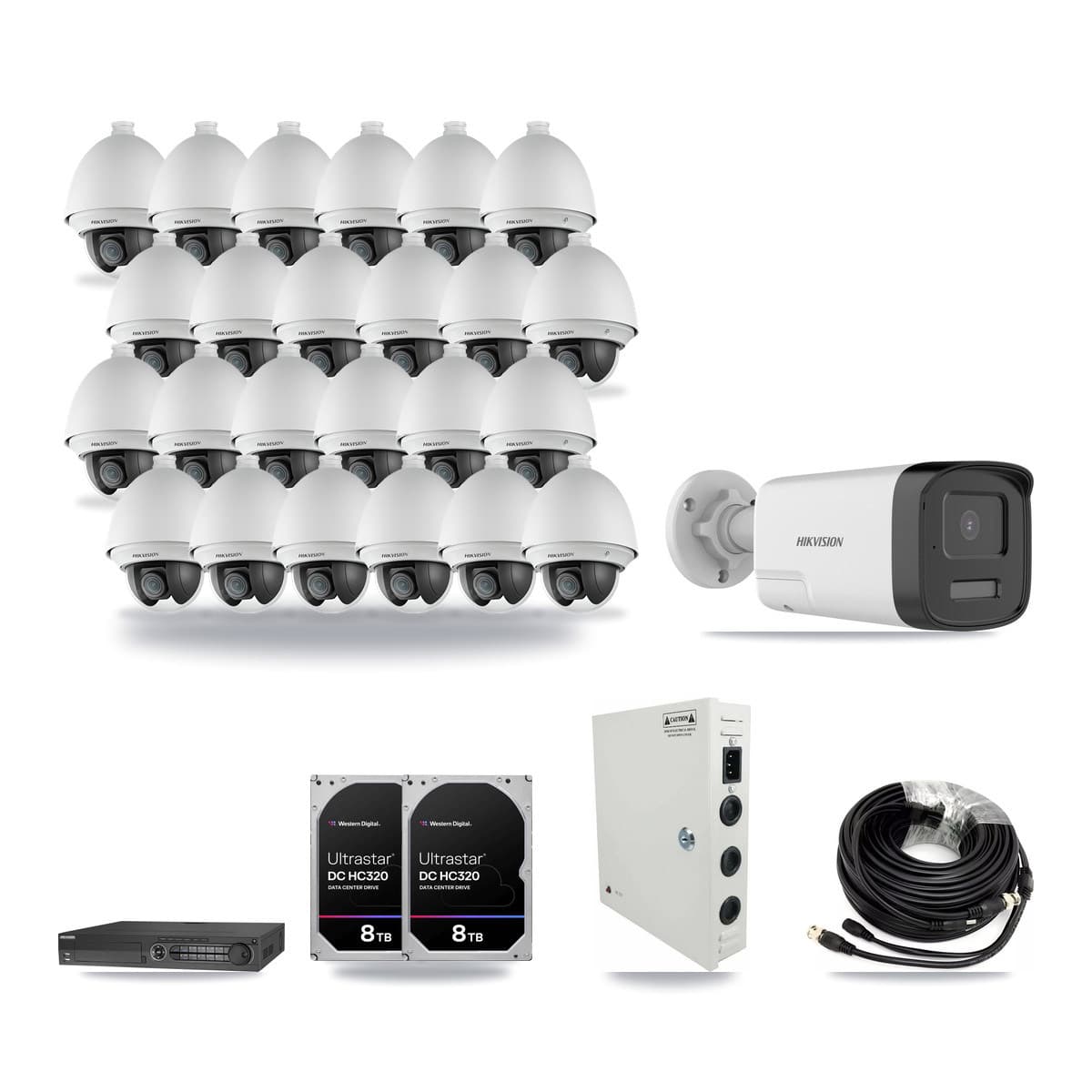 Hikvision 32-Channel 2MP – 5MP CCTV Kit — 24 2MP PTZ + 1 5MP Bullet Cameras + 2× 8TB Recording - Image 1