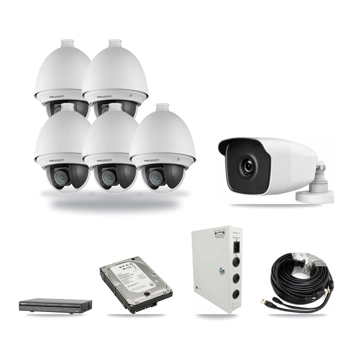 8-Channel 2MP – 3MP CCTV Kit — 5 2MP PTZ + 1 3MP Bullet Cameras + 5TB Recording (DH-XVR5108H Recorder) - Image 1
