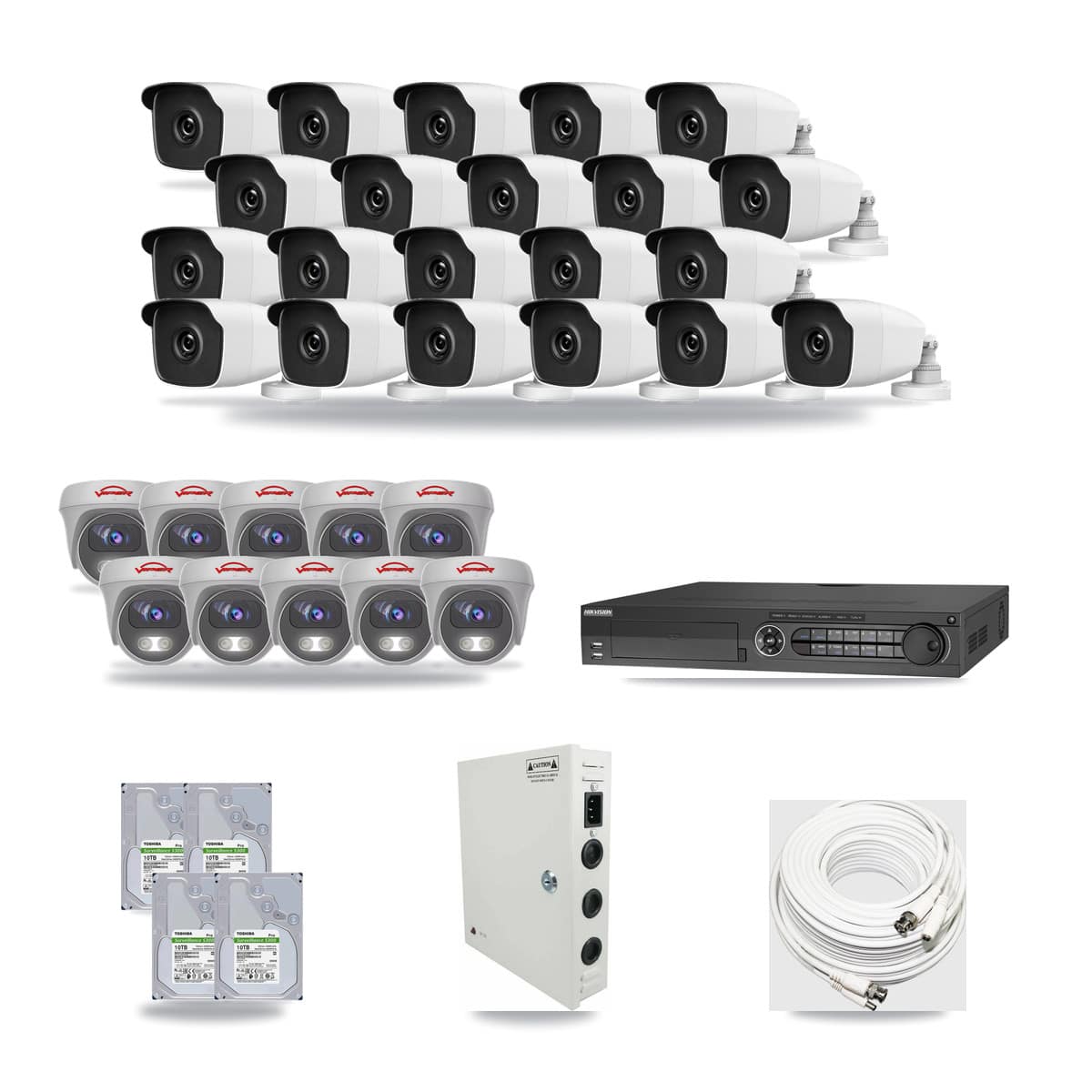 32-Channel 3MP – 5MP CCTV Kit — 21 3MP Bullet + 10 5MP Cameras + 4× 10TB Recording - Image 1