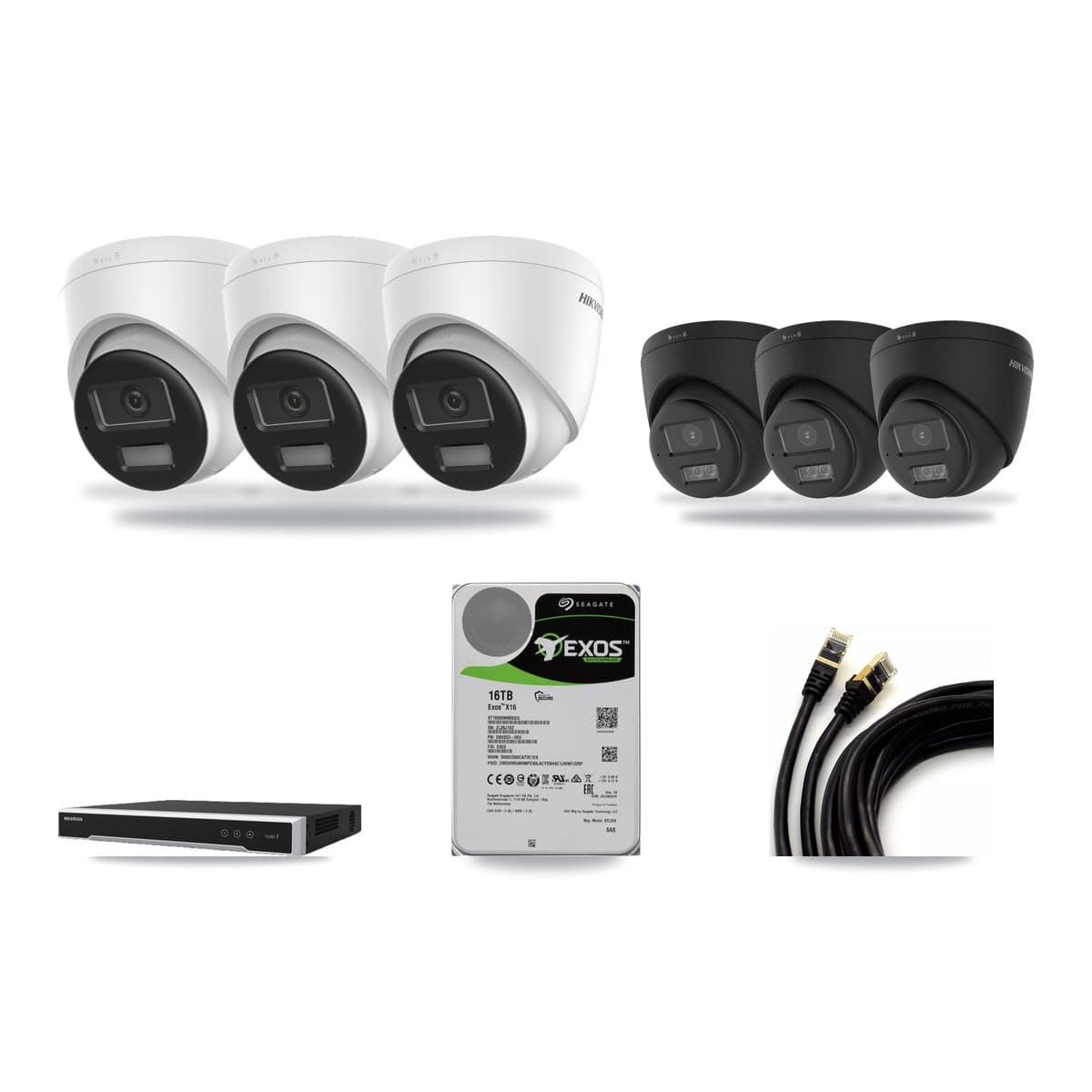 Hikvision 8-channel CCTV kit: 6 cameras (3× 4K Turret DS-2CD1383G2-LIUF/SL + 3× 4K Turret DS-2CD1383G2-LIUF/SL-BLACK), 16TB hard drive
