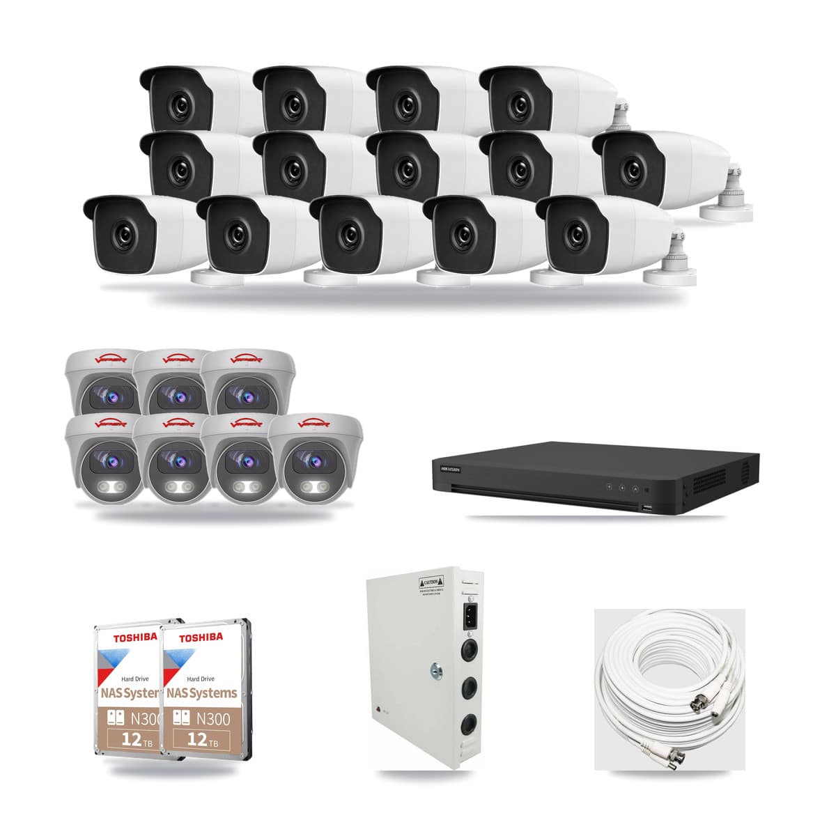 32-Channel 3MP – 5MP CCTV Kit — 14 3MP Bullet + 7 5MP Cameras + 2× 12TB Recording - Image 1