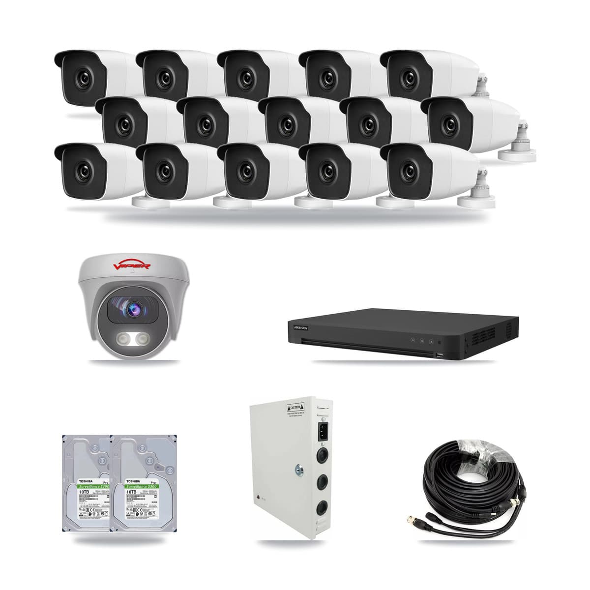16-Channel 3MP – 5MP CCTV Kit — 15 3MP Bullet + 1 5MP Cameras + 2× 10TB Recording - Image 1