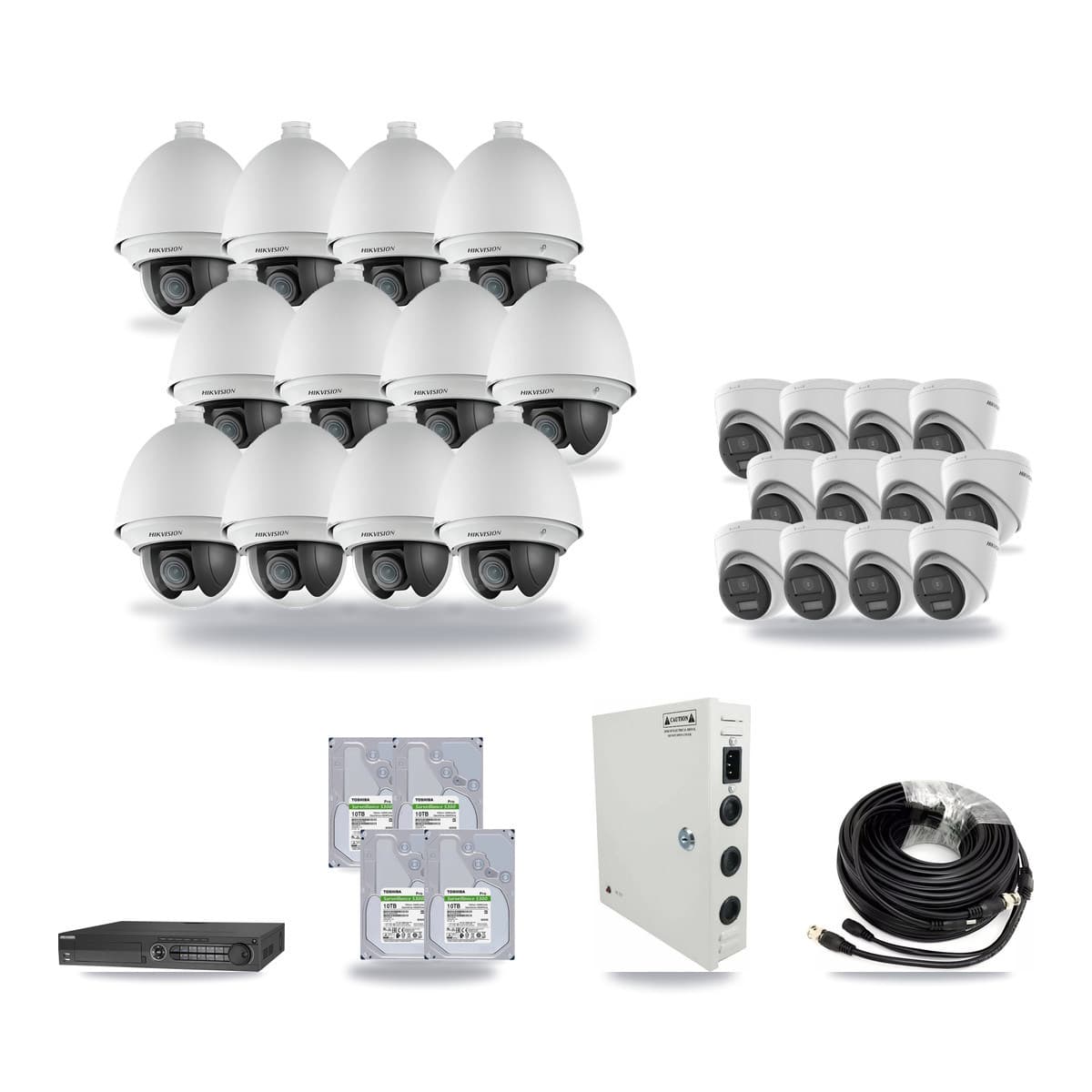 Hikvision 32-channel CCTV kit: 24 cameras (12× 2MP PTZ + 12× 4K Turret), 4× 10TB hard drive