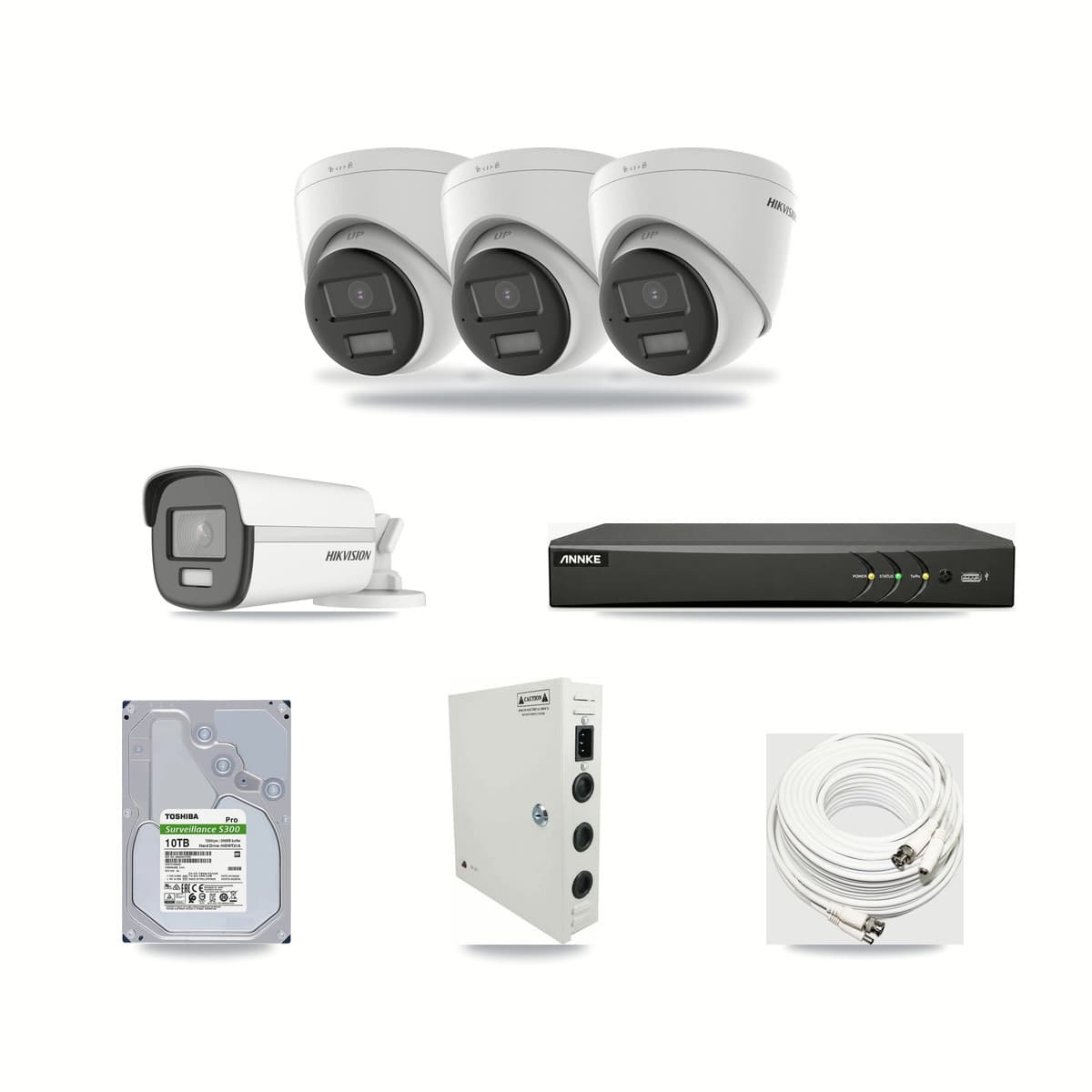 Hikvision & ANNKE 4-Channel 4K CCTV Kit — 1 Bullet + 3 Turret Cameras + 10TB Recording - Image 1