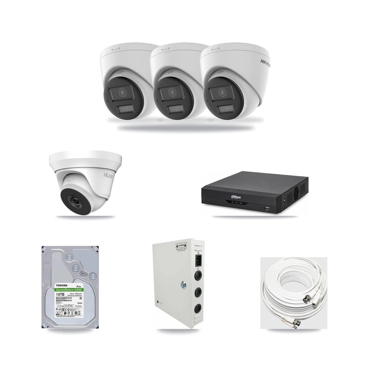 4-Channel 4MP – 4K CCTV Kit — 3 4K + 1 4MP Turret Cameras + 10TB Recording (DH-XVR5104HS Recorder) - Image 1