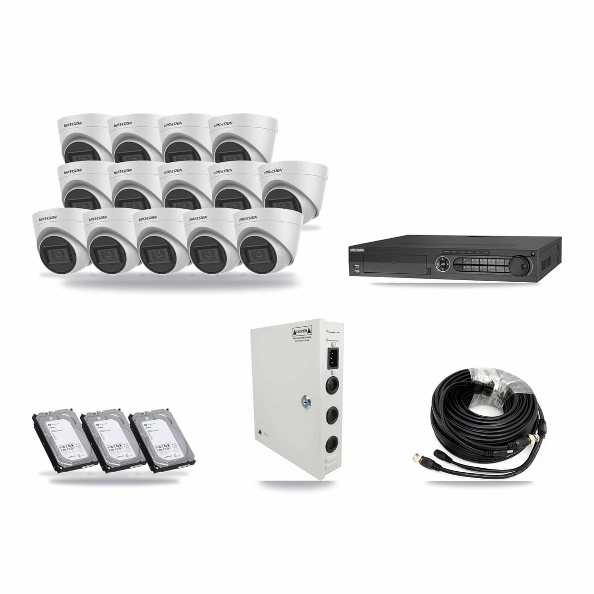 Hikvision 32-channel CCTV kit: 14 cameras (14× 5MP Turret), 3× 6TB hard drive
