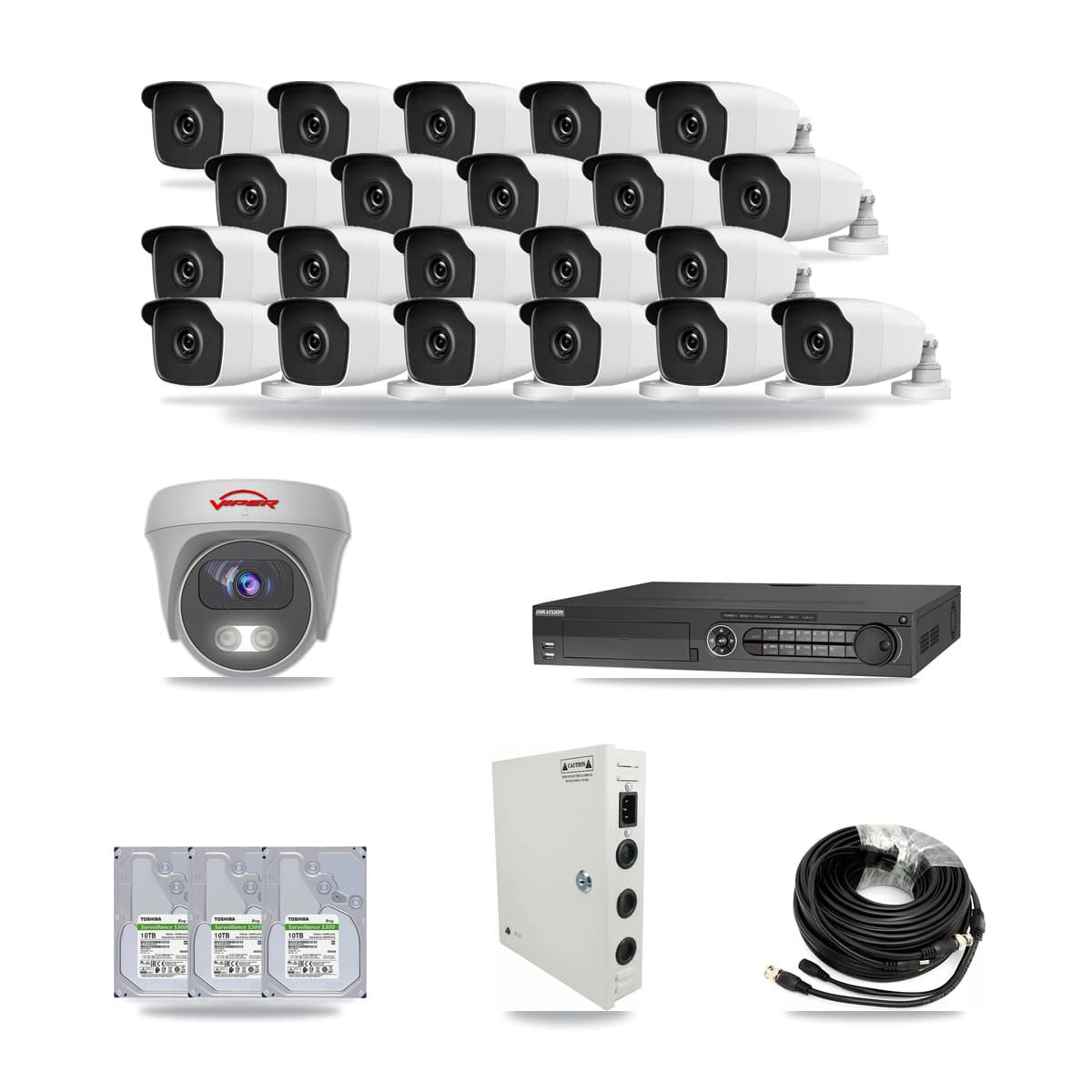 32-Channel 3MP – 5MP CCTV Kit — 21 3MP Bullet + 1 5MP Cameras + 3× 10TB Recording - Image 1