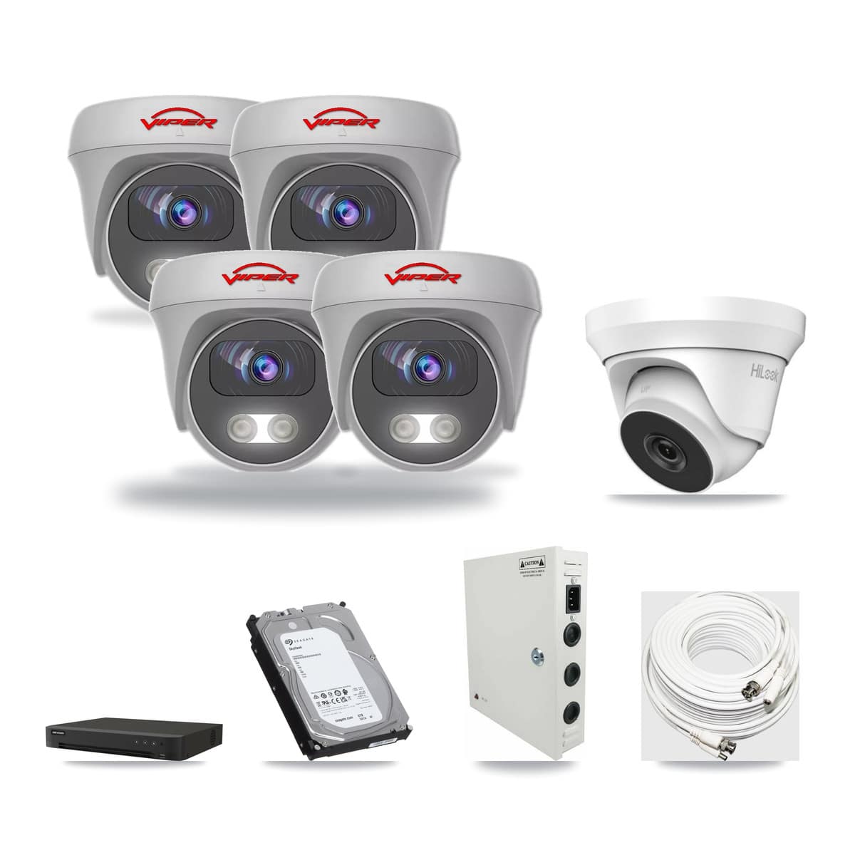 8-Channel 4MP – 5MP CCTV Kit — 1 THC-T240-M-R 4MP Turret + 4 White VIPER-5MP-3K-AOC-WHITE-2.8MM 5MP Cameras + 6TB Recording (IDS-7208HUHI-M1/XT Recorder) - Image 1