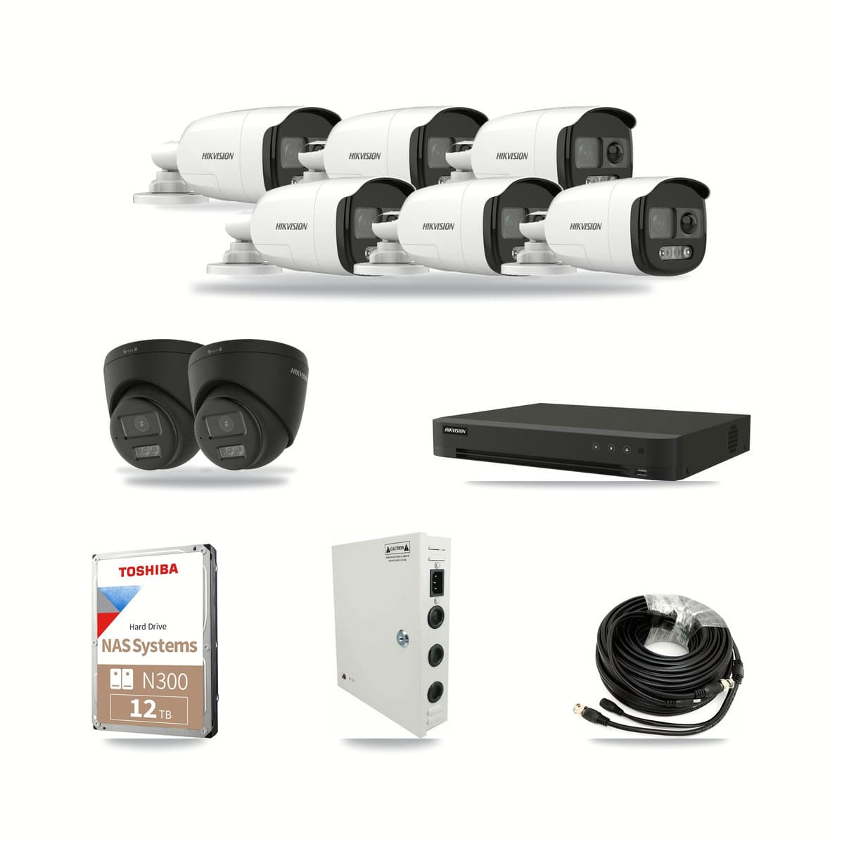 Hikvision 8-channel CCTV kit: 8 cameras (6× 5MP Bullet + 2× 4K Turret), 12TB hard drive