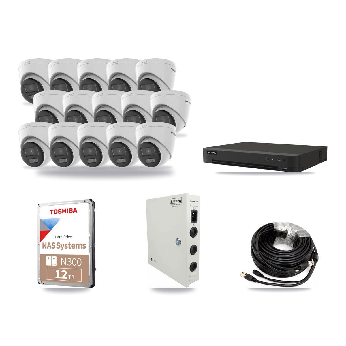 Hikvision 16-channel CCTV kit: 15 cameras (10× 5MP Turret DS-2CE78K0T-LTS + 5× 5MP Turret DS-2CE78K0T-LPTS), 12TB hard drive