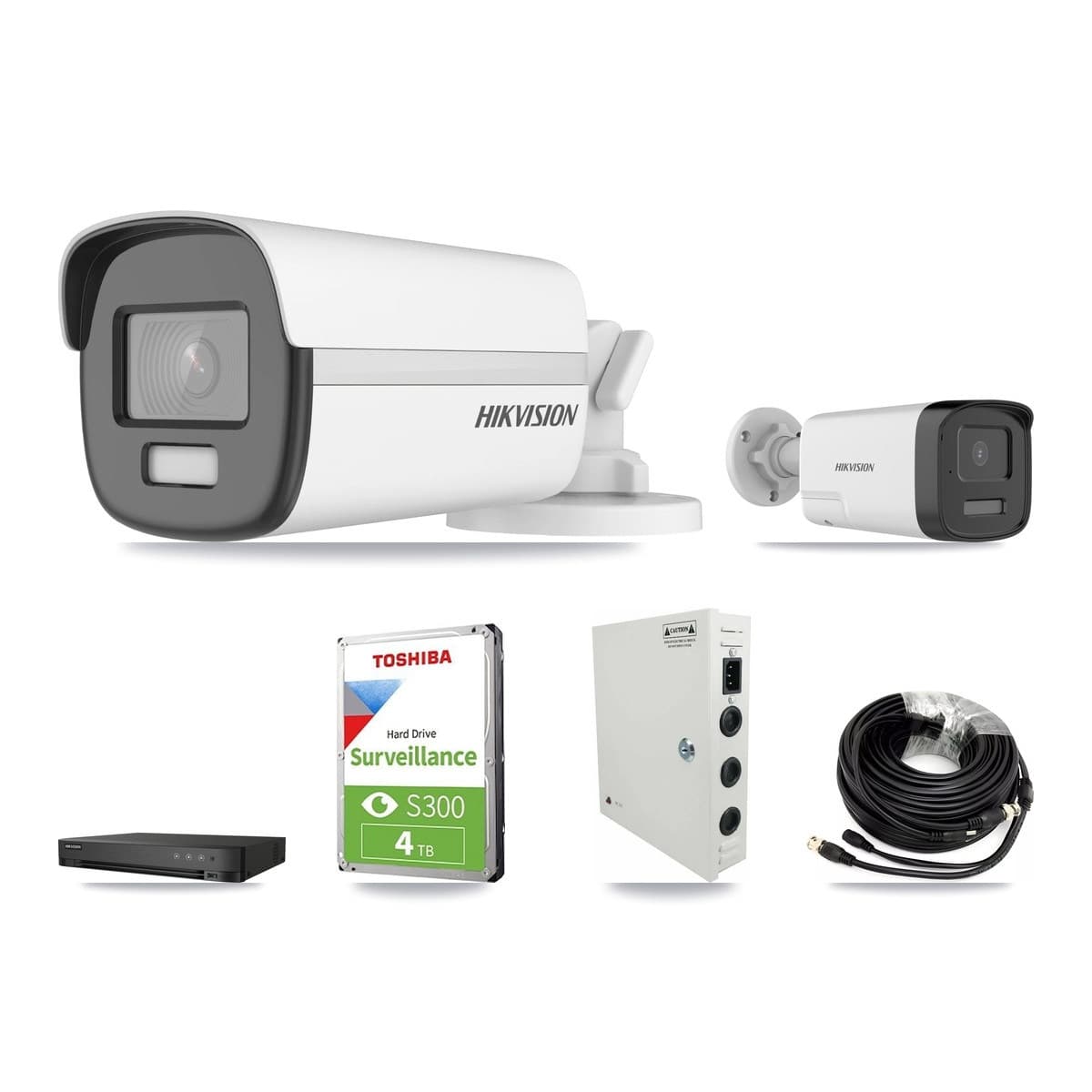 Hikvision 4-channel CCTV kit: 2 cameras (1× 4K Bullet + 1× 5MP Bullet), 4TB hard drive