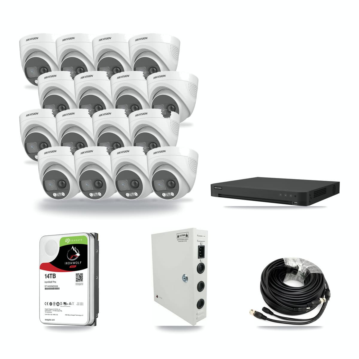 Hikvision 16-channel CCTV kit: 16 cameras (16× 5MP Turret), 14TB hard drive