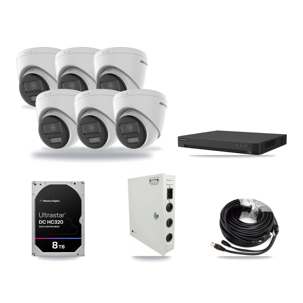 Hikvision 16-channel CCTV kit: 6 cameras (5× 5MP Turret DS-2CE78K0T-LPTS + 1× 5MP Turret DS-2CE78K0T-LTS), 8TB hard drive