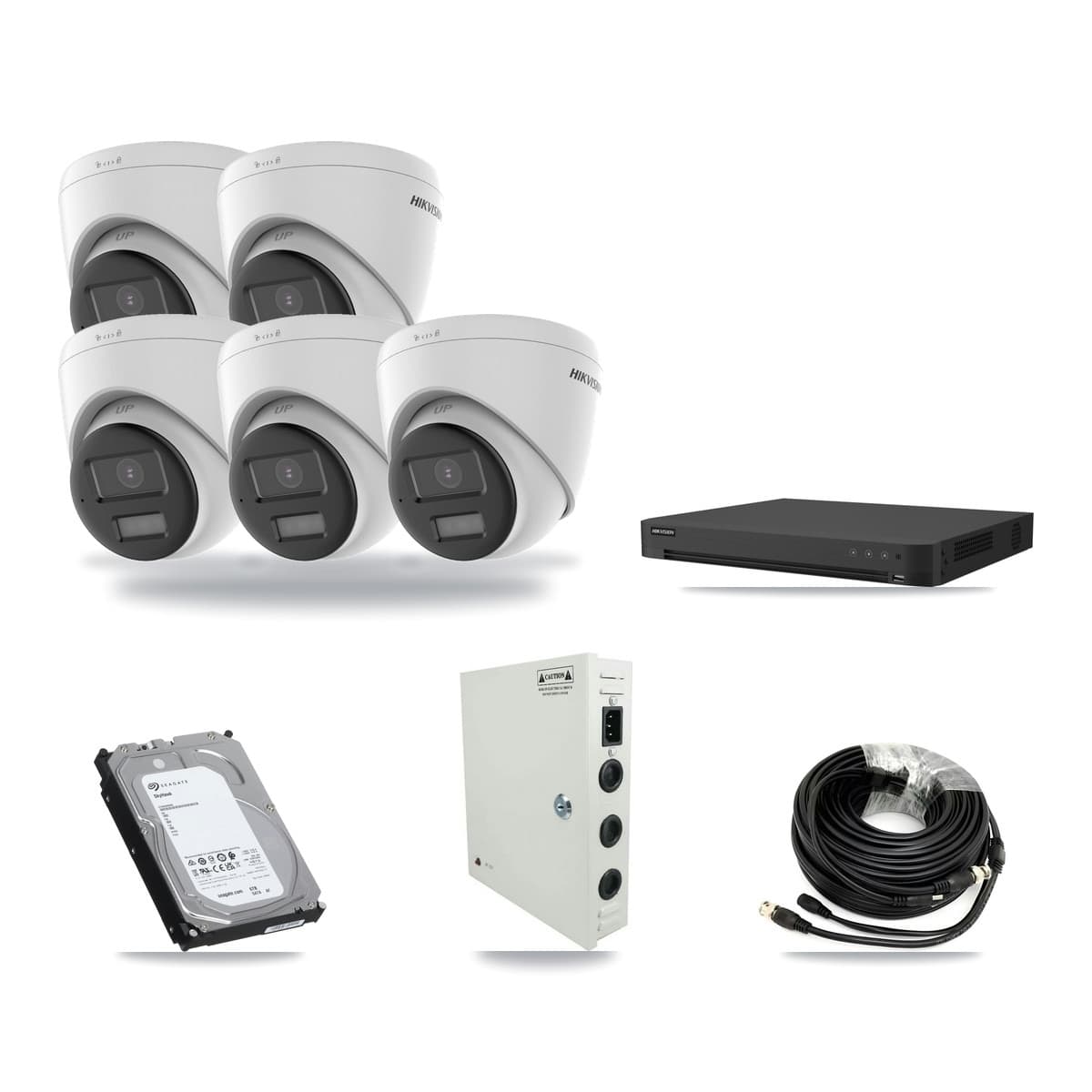 Hikvision 16-channel CCTV kit: 5 cameras (4× 5MP Turret DS-2CE78K0T-LPTS + 1× 5MP Turret DS-2CE78K0T-LTS), 6TB hard drive