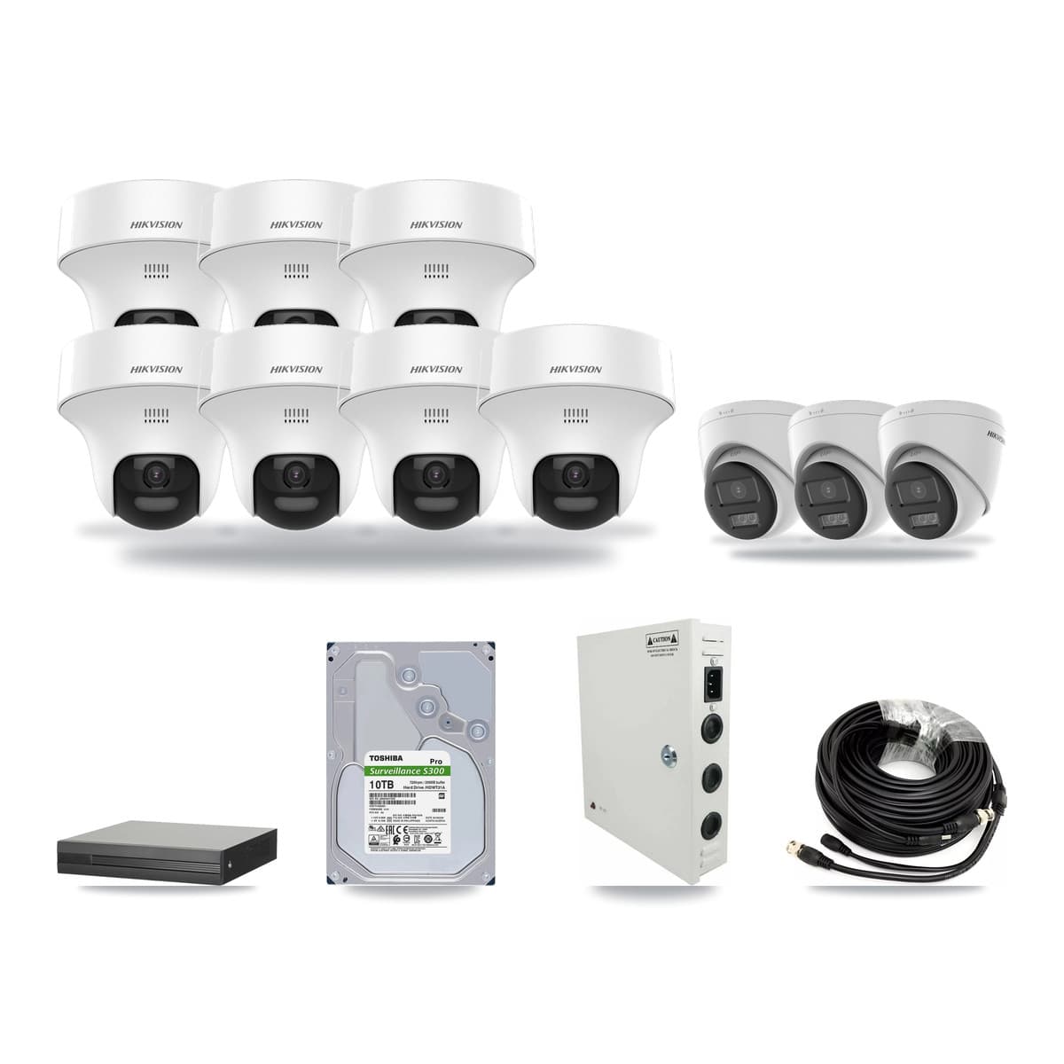 16-channel CCTV kit: 10 cameras (7× 5MP Turret DS-2CE70K0T + 3× 5MP Turret DS-2CE78K0T), 10TB hard drive