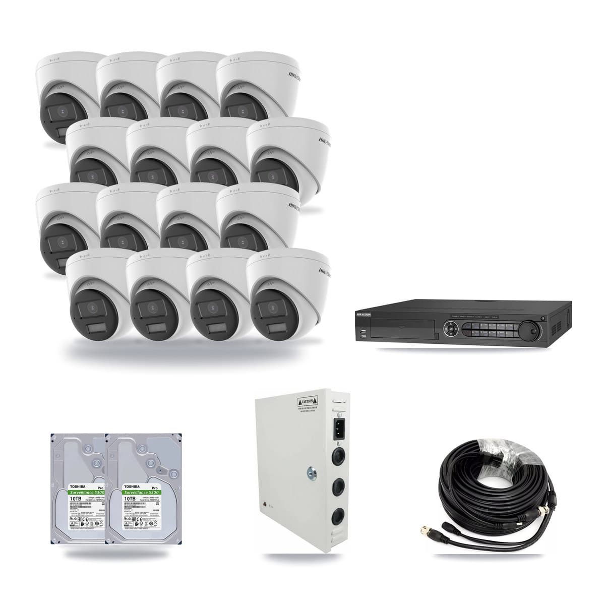 Hikvision 32-channel CCTV kit: 16 cameras (11× 5MP Turret DS-2CE78K0T-LPTS + 5× 5MP Turret DS-2CE78K0T-LTS), 2× 10TB hard drive