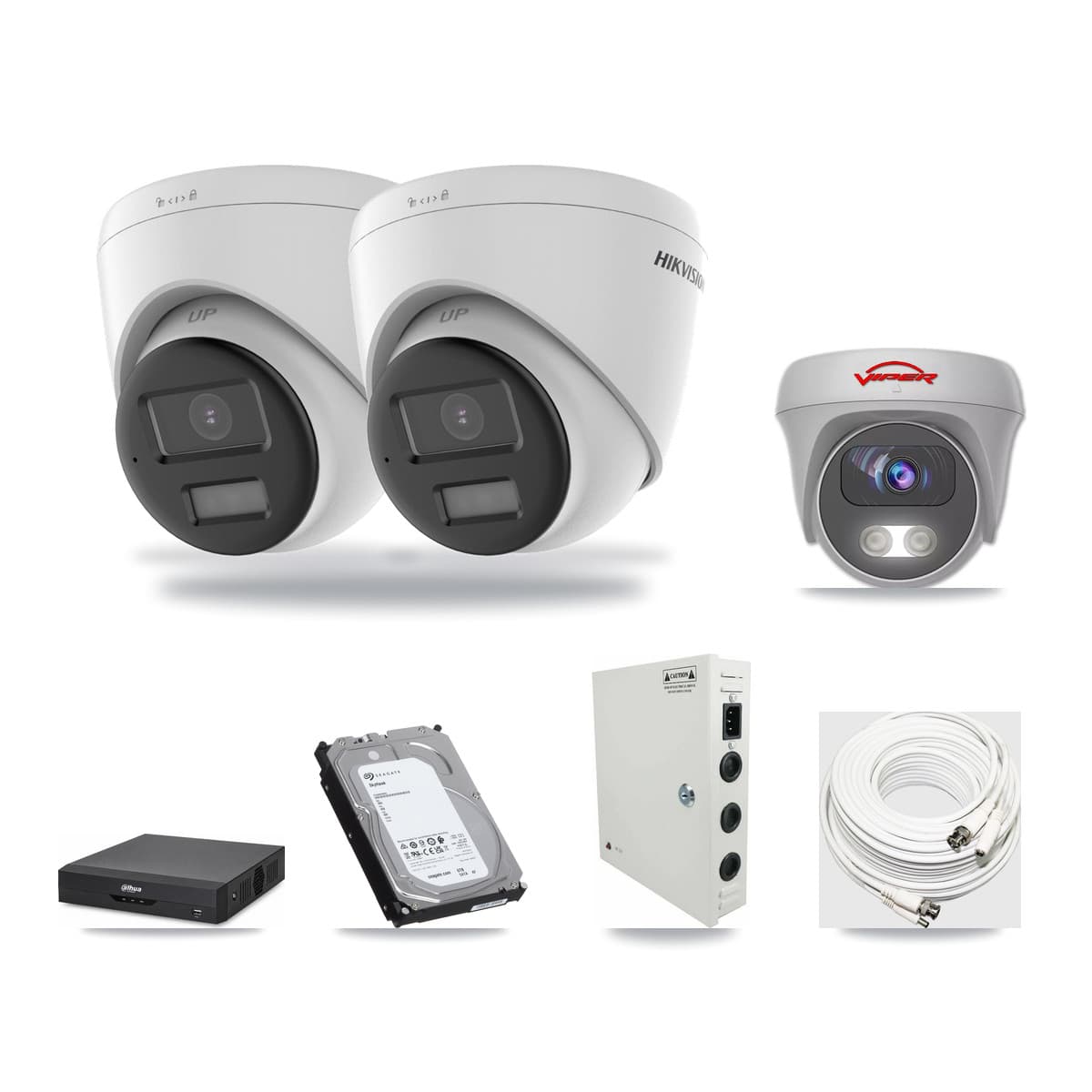 4-Channel 5MP – 4K CCTV Kit — 2 4K Turret + 1 White 5MP Cameras + 6TB Recording (DH-XVR5104HS Recorder) - Image 1
