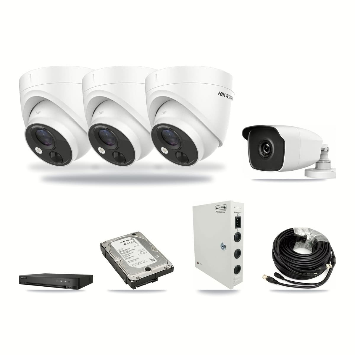 Hikvision 4-channel CCTV kit: 4 cameras (3× 5MP Turret + 1× 3MP Bullet), 5TB hard drive