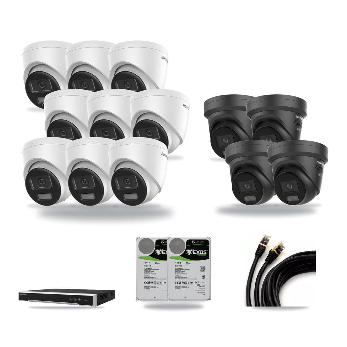 Hikvision 16-channel CCTV kit: 13 cameras (9× 4K Turret + 4× 4K Black Turret), 2× 16TB hard drive