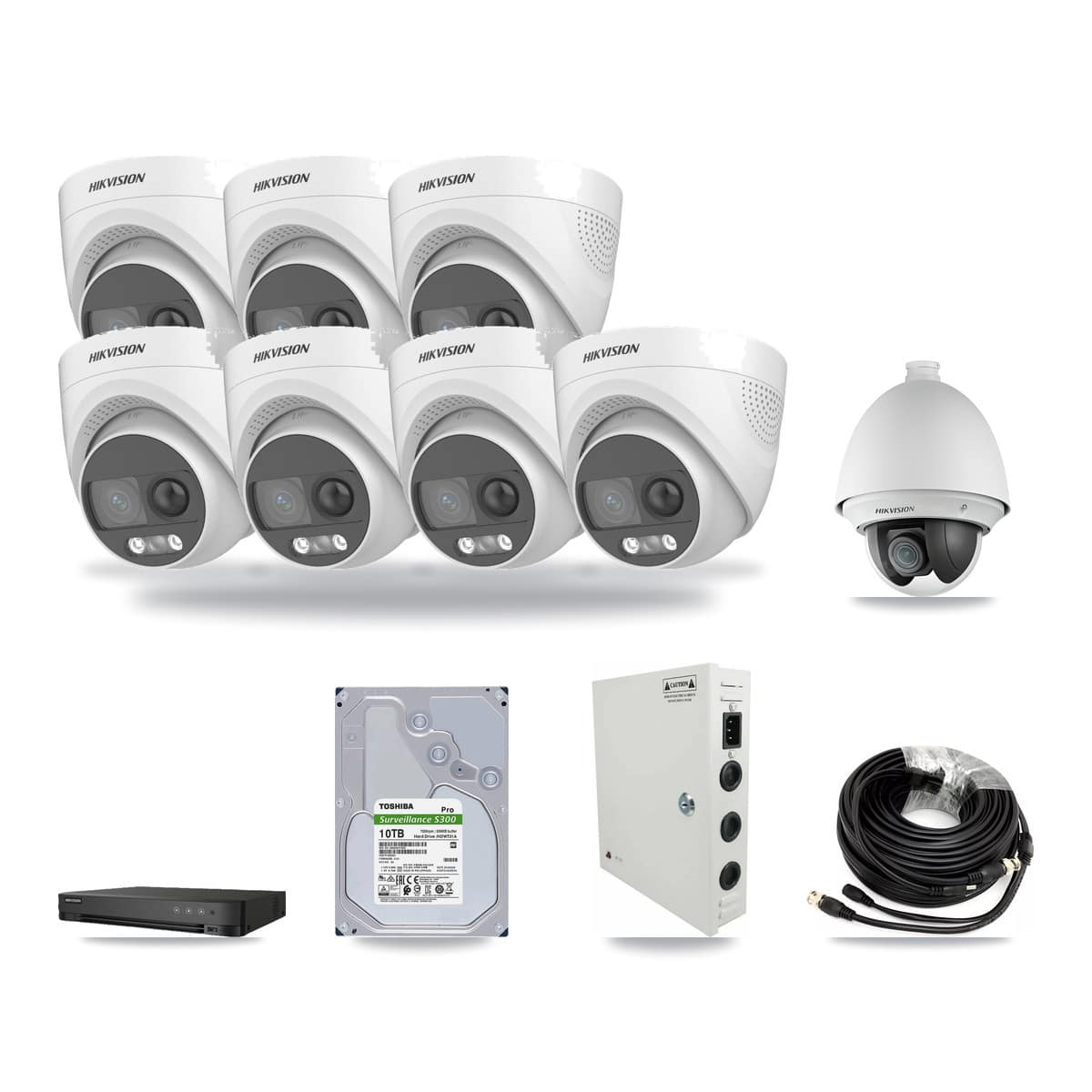 Hikvision 8-channel CCTV kit: 8 cameras (7× 5MP Turret + 1× 2MP PTZ), 10TB hard drive