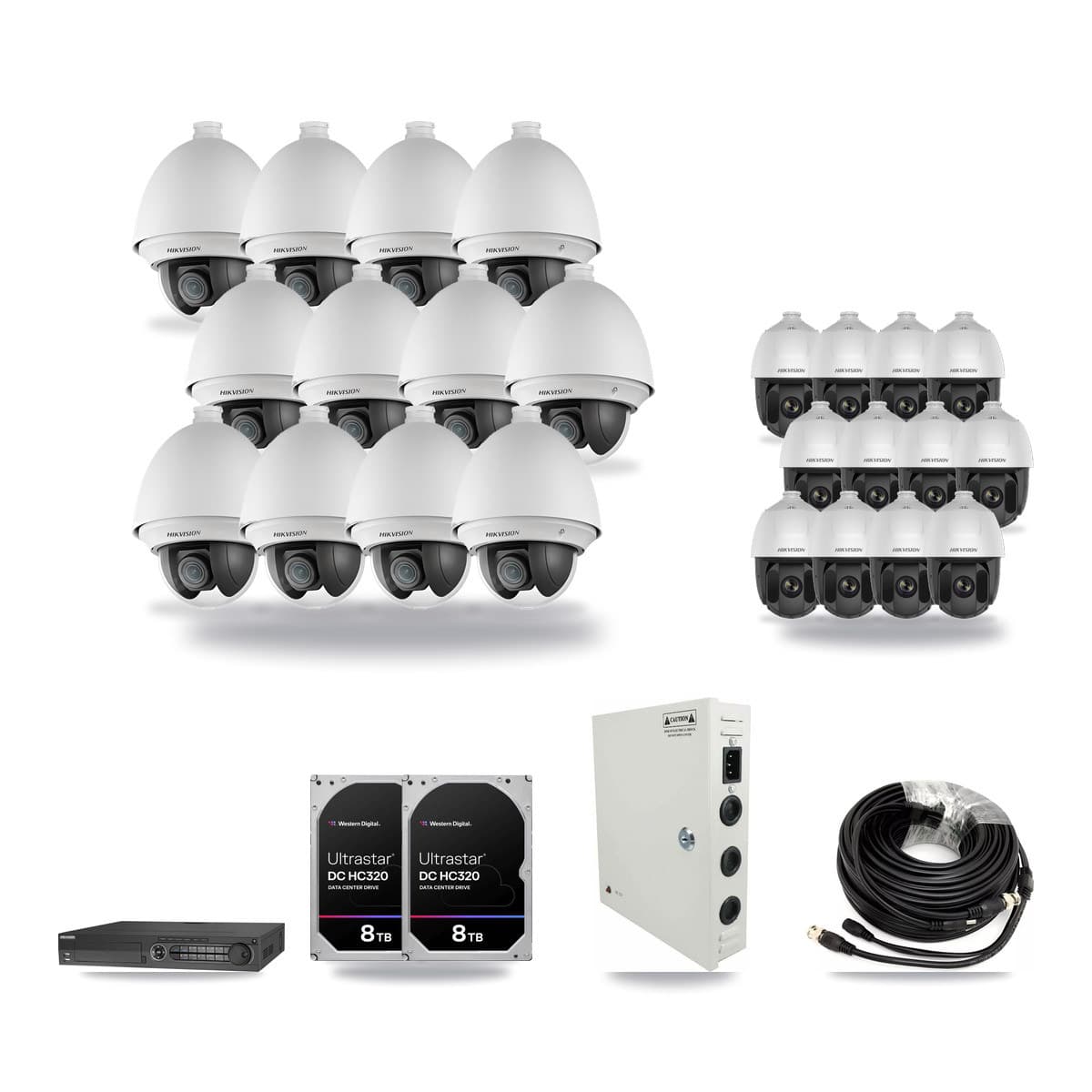Hikvision 32-channel CCTV kit: 24 cameras (12× 2MP PTZ DS-2AE4225T + 12× 2MP PTZ DS-2AE5225TI), 2× 8TB hard drive