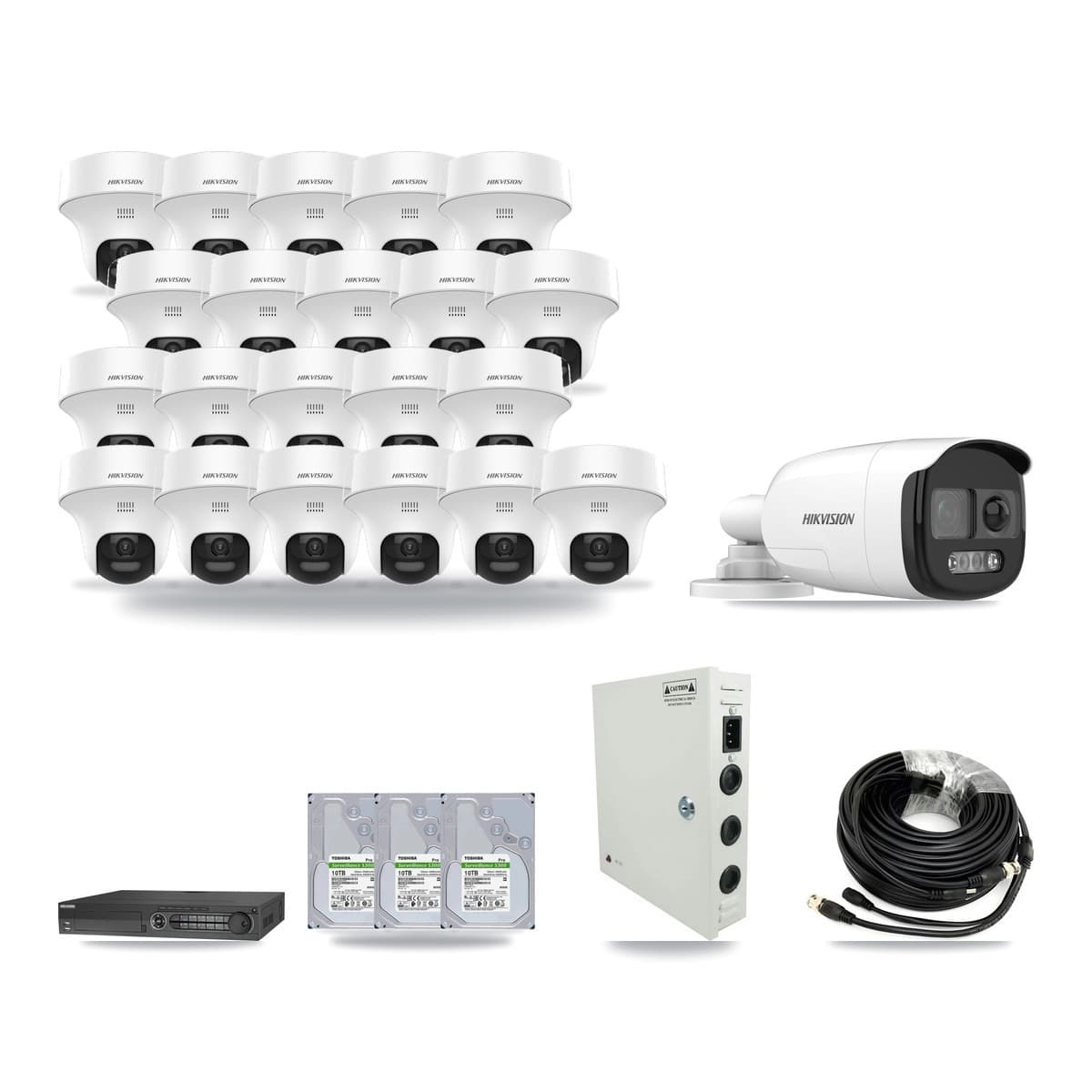 Hikvision 32-channel CCTV kit: 22 cameras (21× 5MP Turret + 1× 5MP Bullet), 3× 10TB hard drive