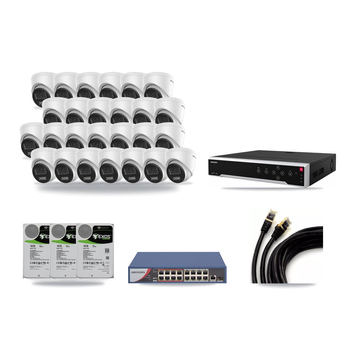 Hikvision 32-channel CCTV kit: 26 cameras (26× 4K Turret), 3× 16TB hard drive