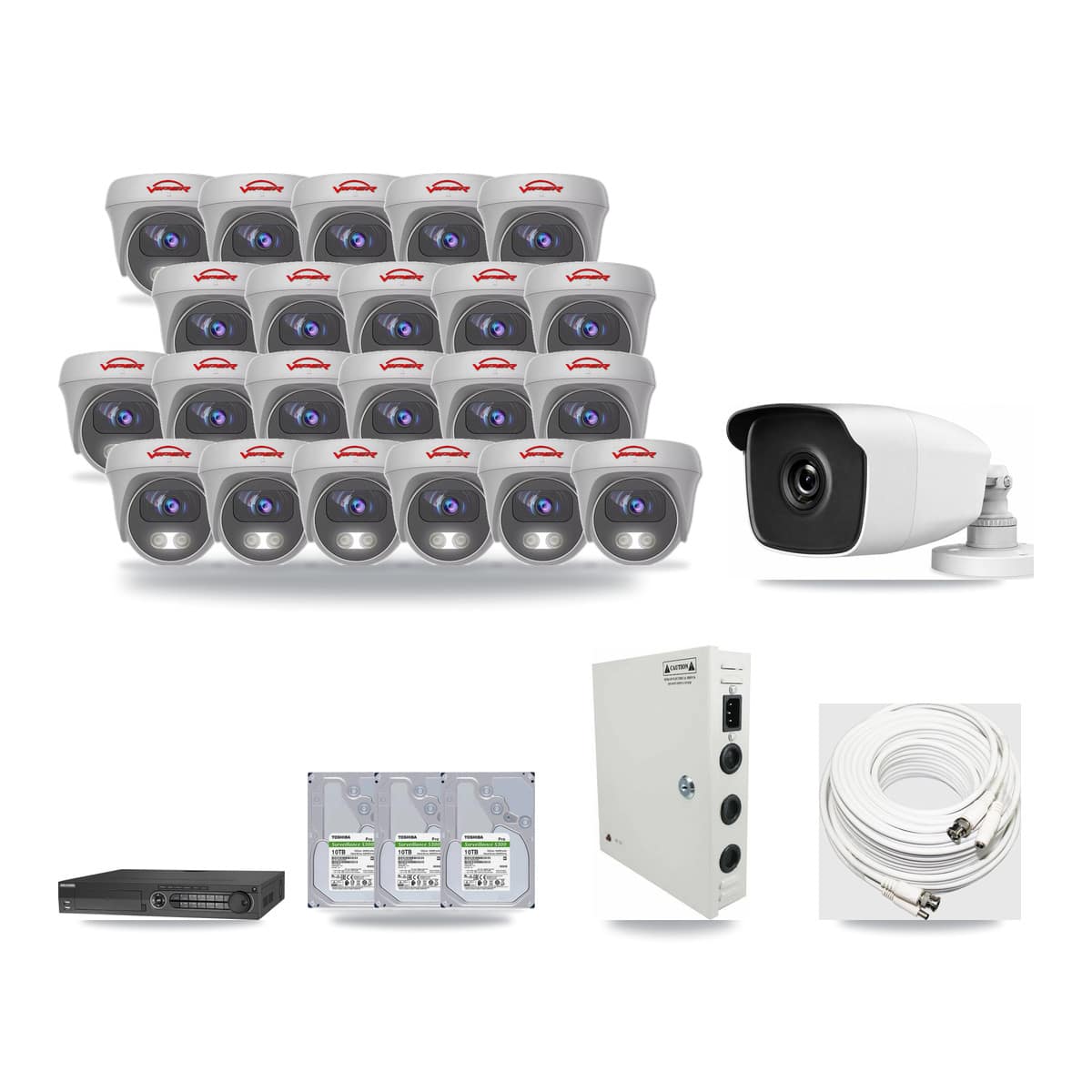 32-Channel 3MP – 5MP CCTV Kit — 1 3MP Bullet + 22 White 5MP Cameras + 3× 10TB Recording (IDS-7332HUHI Recorder) - Image 1