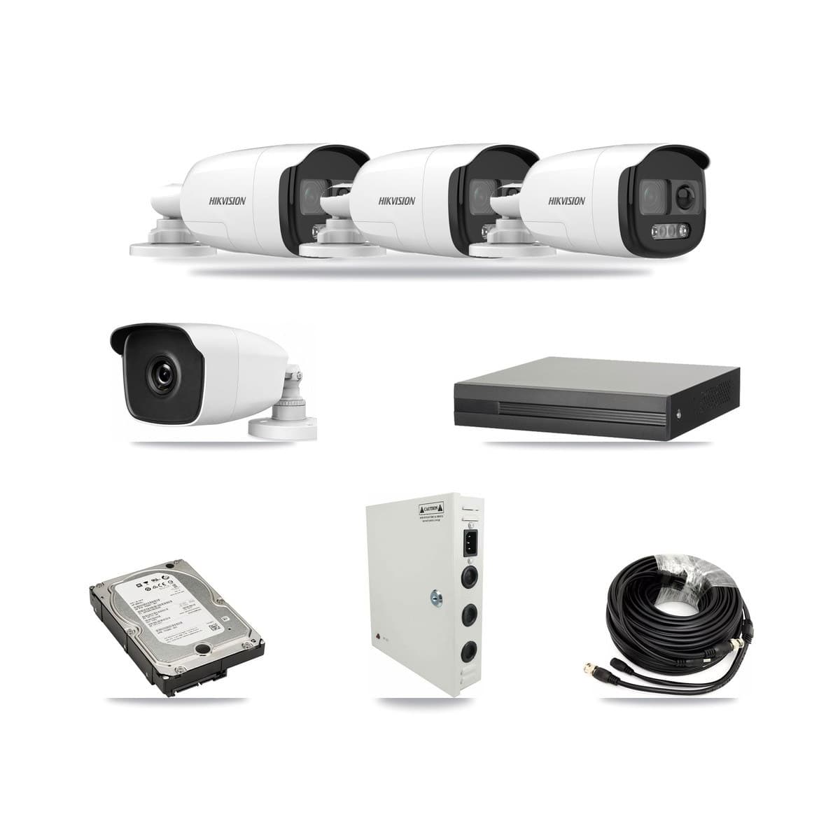 4-channel CCTV kit: 4 cameras (3× 5MP Bullet + 1× 3MP Bullet), 5TB hard drive
