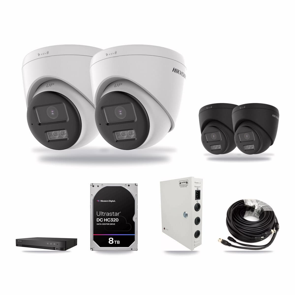 Hikvision 4-channel CCTV kit: 4 cameras (2× 5MP Turret + 2× 4K Turret), 8TB hard drive