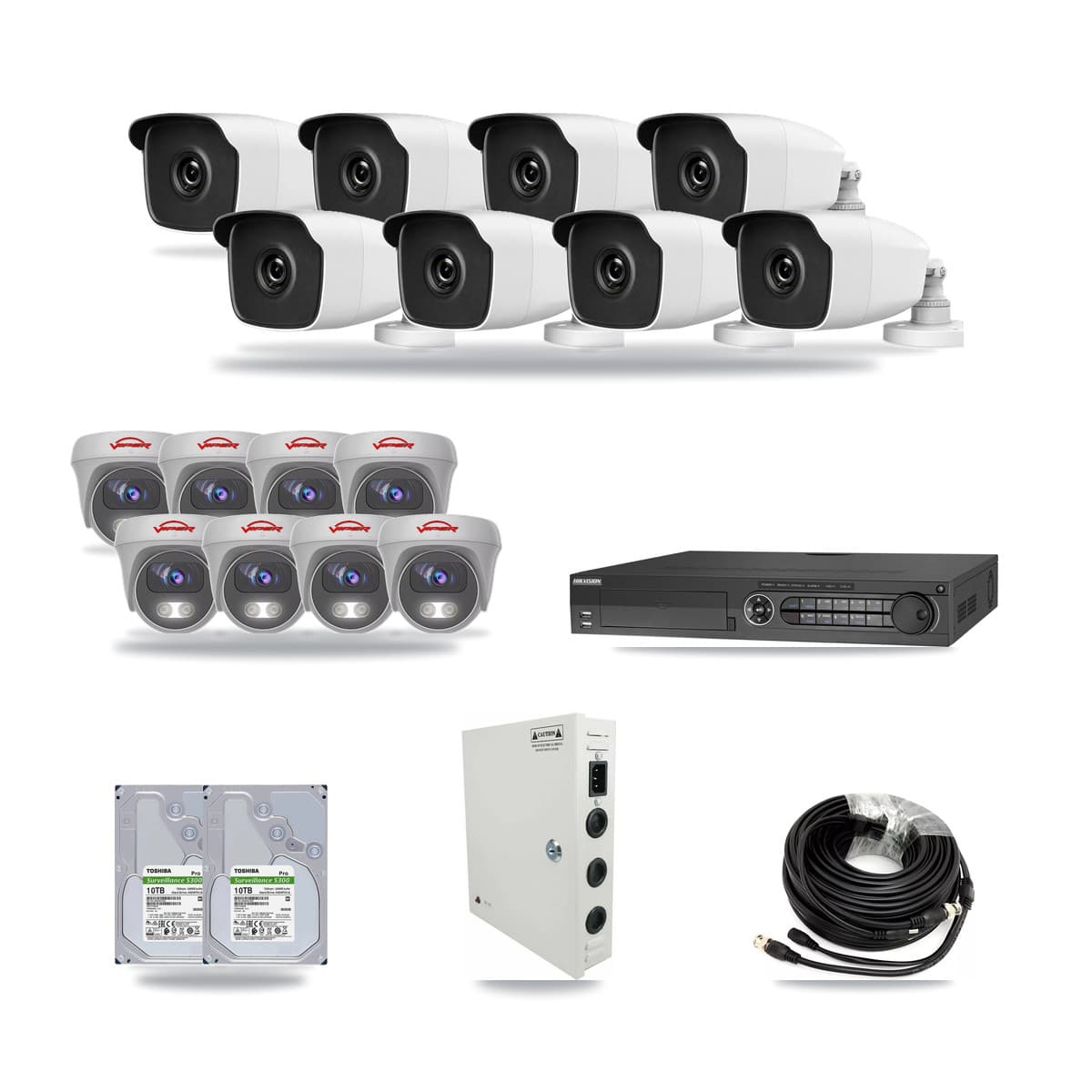 32-Channel 3MP – 5MP CCTV Kit — 8 3MP Bullet + 8 White 5MP Cameras + 2× 10TB Recording (DS-7332HQHI Recorder) - Image 1