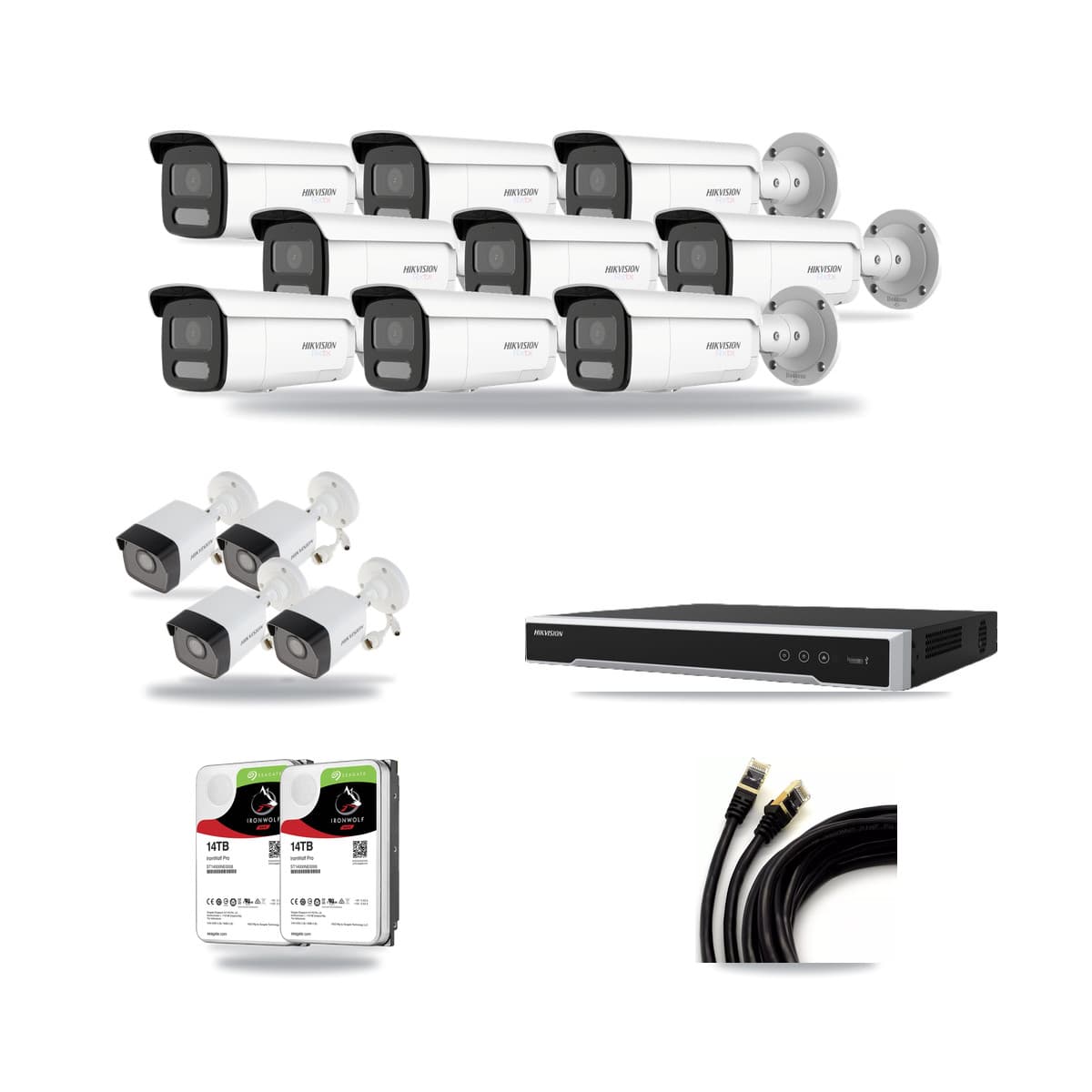Hikvision 16-channel CCTV kit: 13 cameras (9× 4K Bullet + 4× 5MP Bullet), 2× 14TB hard drive