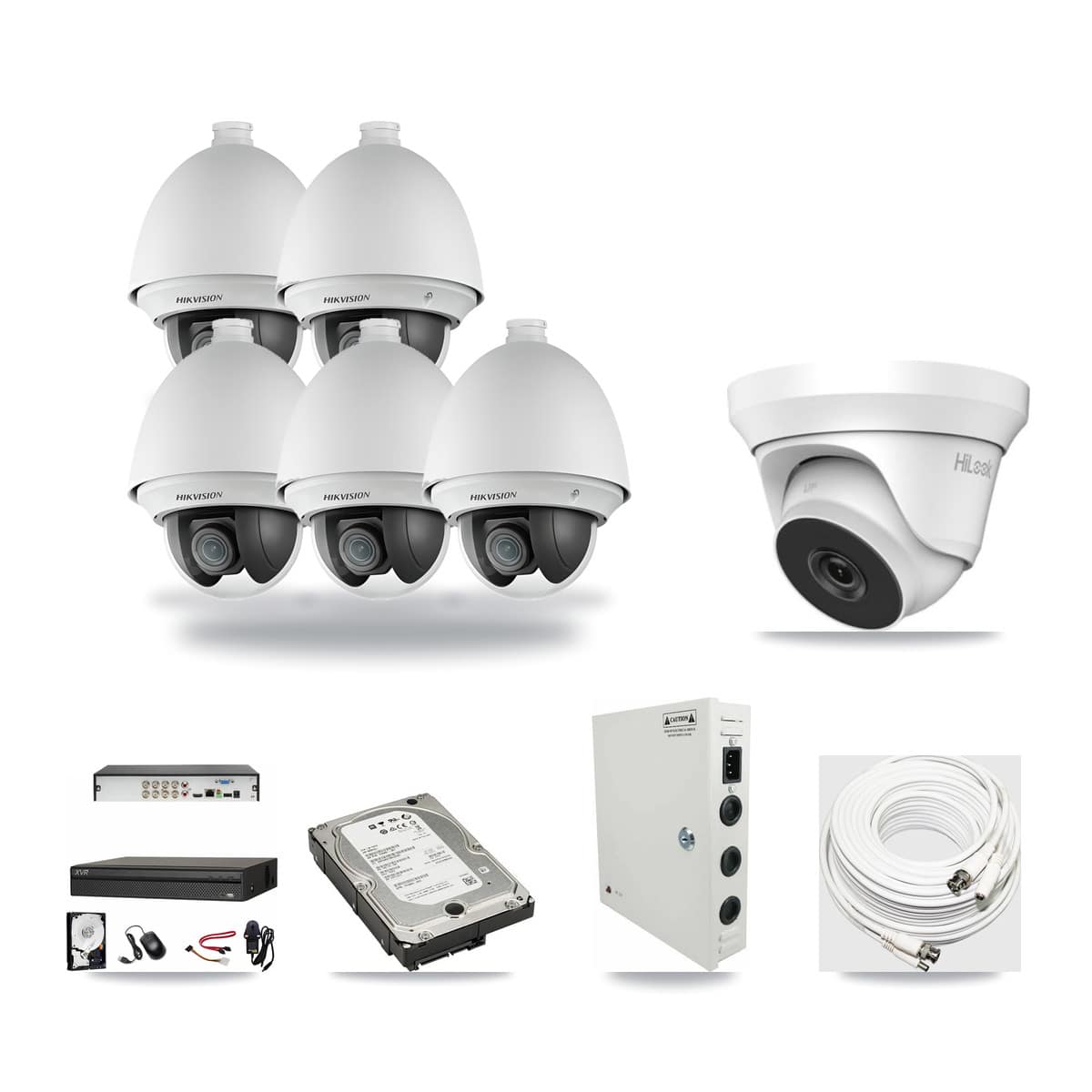 8-Channel 2MP – 4MP CCTV Kit — 5 Hikvision DS-2AE4225T-A 2MP PTZ + 1 HiLook THC-T240-M-R 4MP Turret Cameras + 5TB Recording (XVR-3108AD-4K Recorder) - Image 1
