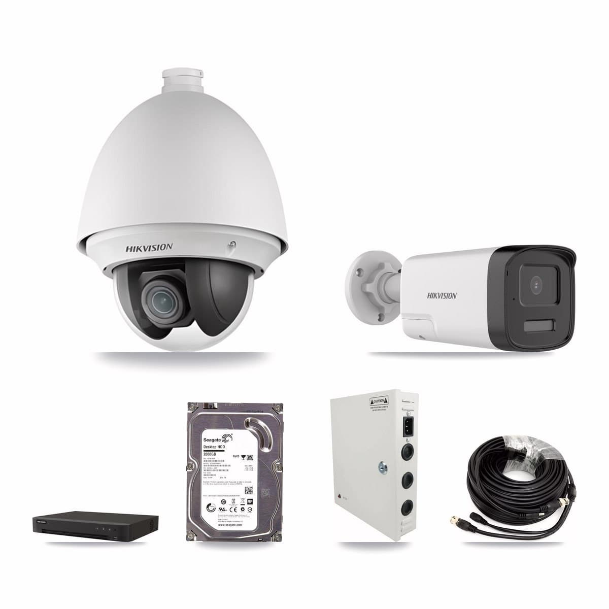 Hikvision 8-channel CCTV kit: 2 cameras (1× 2MP PTZ + 1× 5MP Bullet), 2TB hard drive