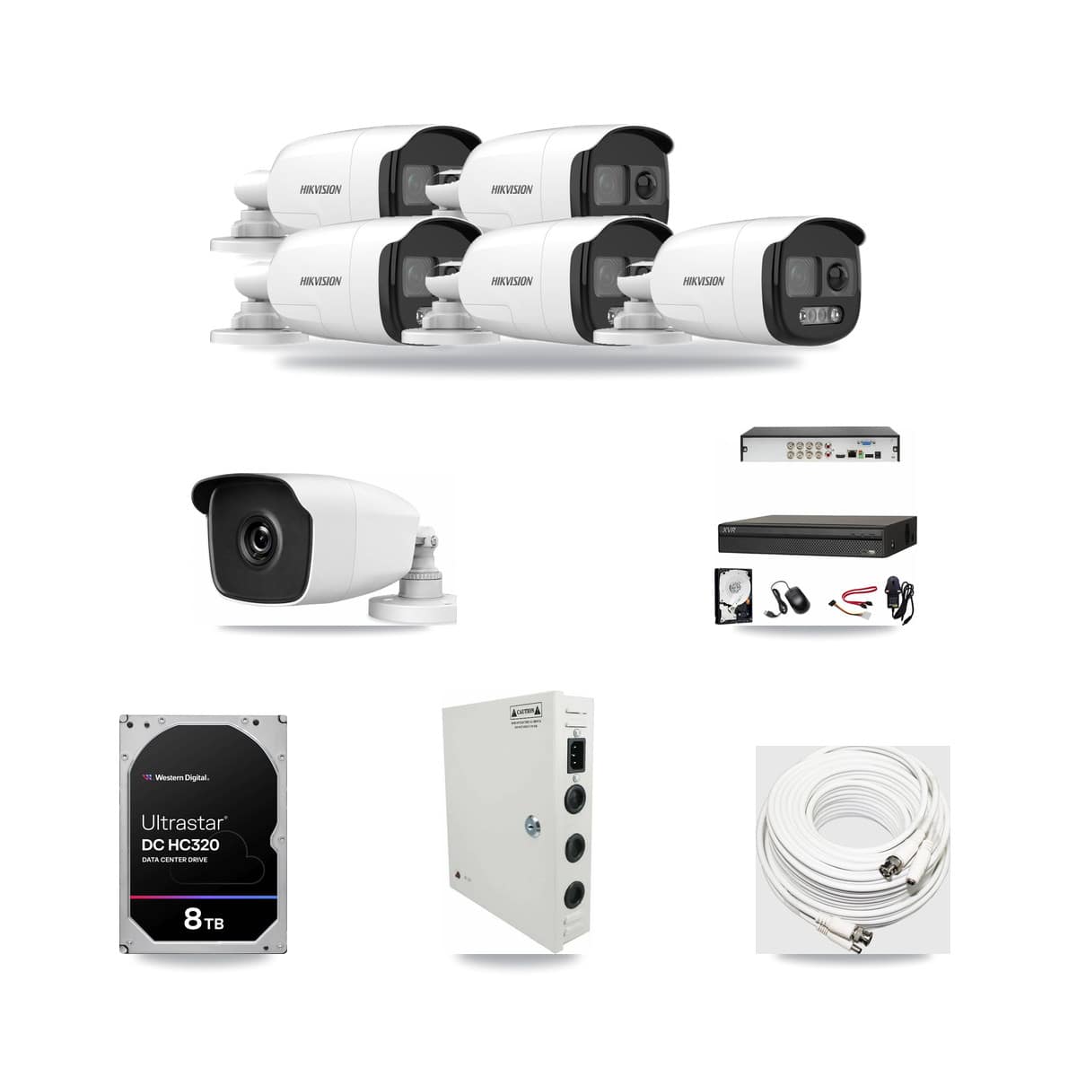 8-Channel 3MP – 5MP CCTV Kit — 5 Hikvision 5MP + 1 HiLook 3MP Bullet Cameras + 8TB Recording (XVR-3108AD Recorder) - Image 1