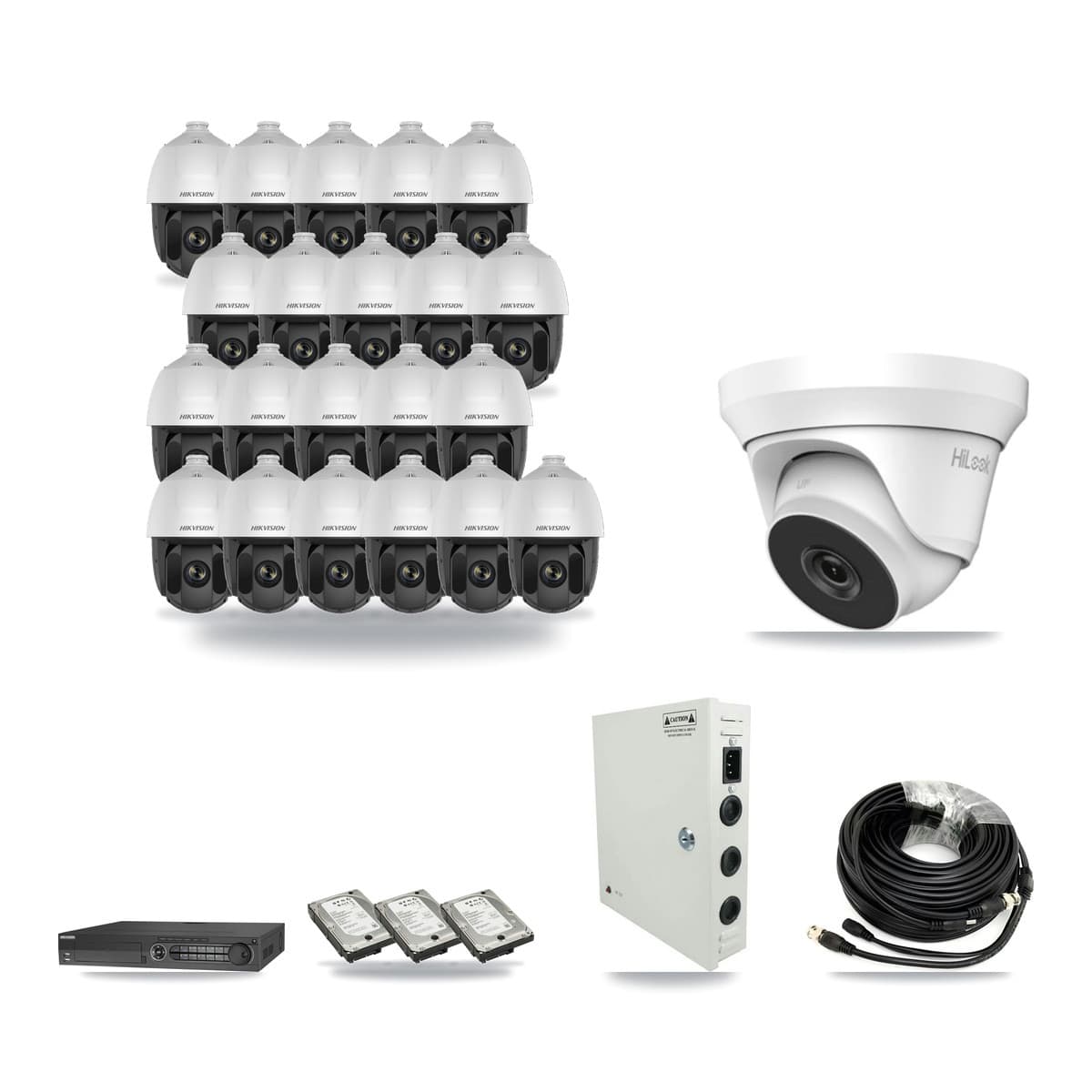 Hikvision 32-channel CCTV kit: 22 cameras (21× 2MP PTZ + 1× 4MP Turret), 3× 5TB hard drive