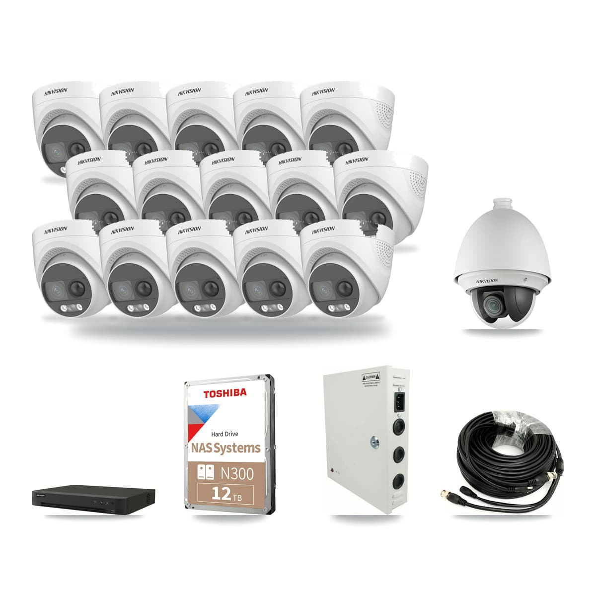 Hikvision 16-channel CCTV kit: 16 cameras (15× 5MP Turret + 1× 2MP PTZ), 12TB hard drive