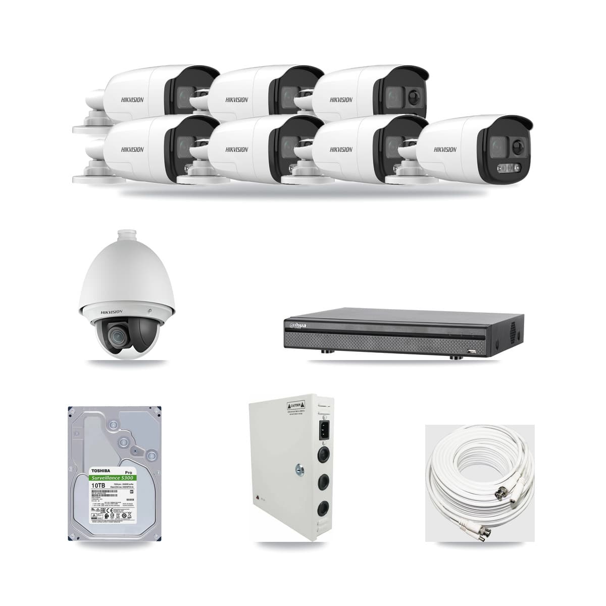 Hikvision & Dahua 8-Channel 2MP – 5MP CCTV Kit — 1 DS-2AE4225T 2MP PTZ + 7 DS-2CE12KF3T 5MP Bullet Cameras + 10TB Recording - Image 1