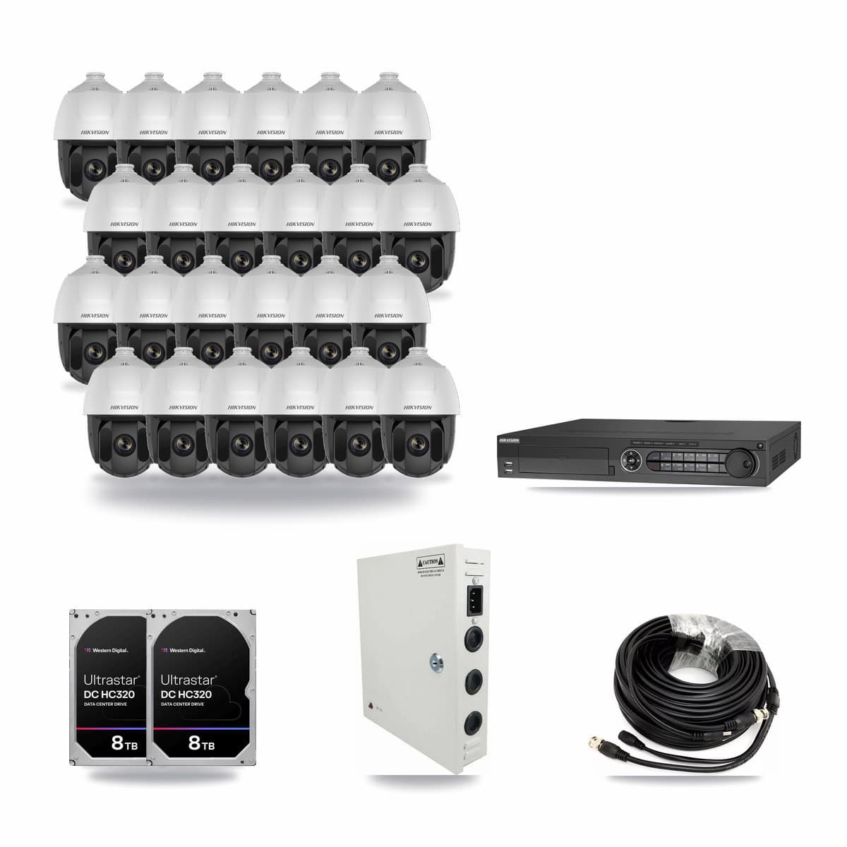 Hikvision 32-channel CCTV kit: 24 cameras (24× 2MP PTZ), 2× 8TB hard drive