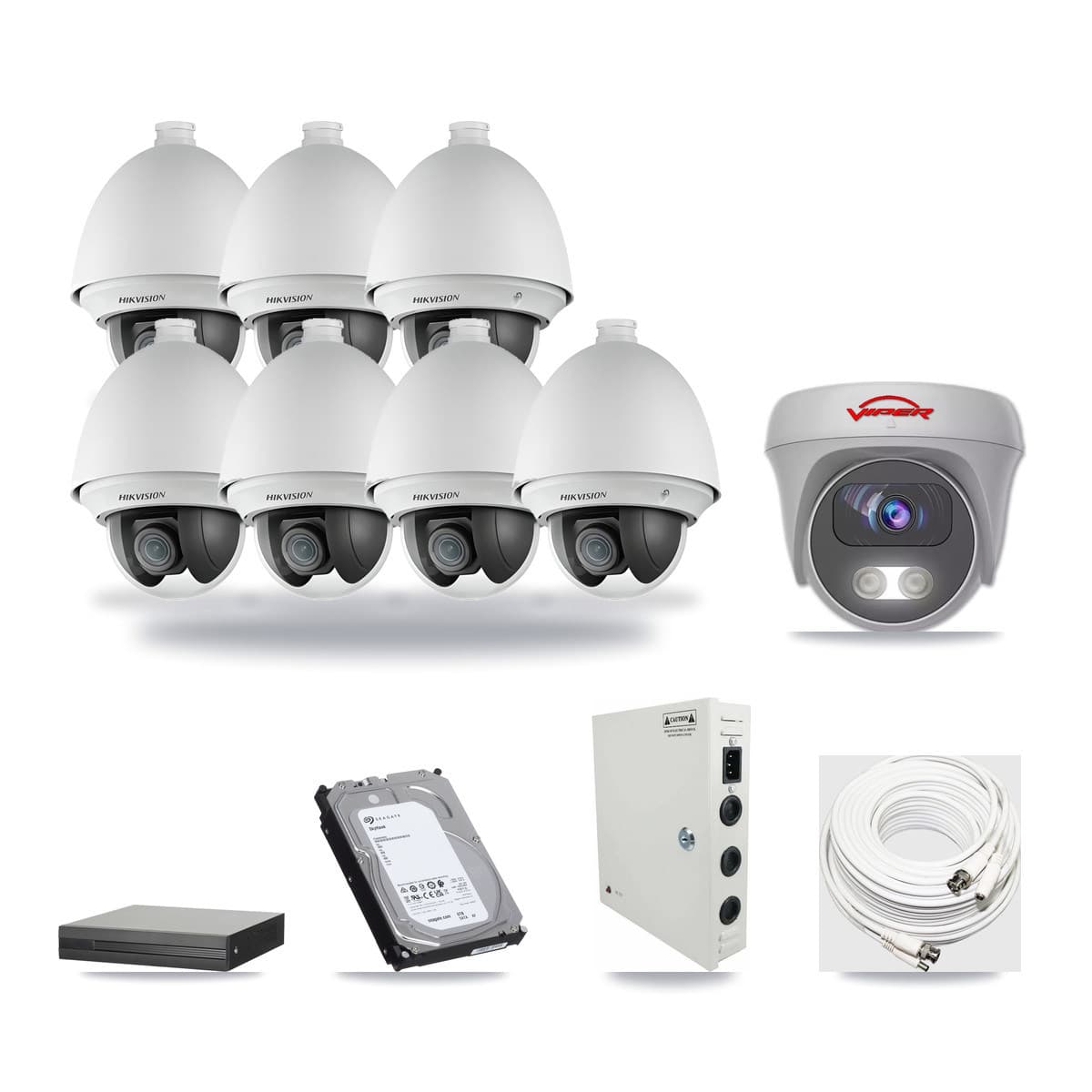 8-channel CCTV kit: 8 cameras (7× 2MP PTZ + 1× 5MP Camera), 6TB hard drive