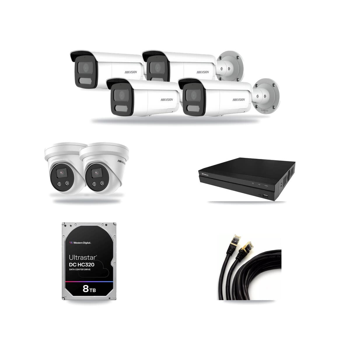 Prolux 8-channel CCTV kit: 6 cameras (4× 4MP Bullet + 2× 5MP Turret), 8TB hard drive