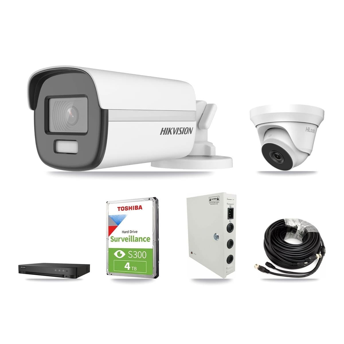 Hikvision 4-channel CCTV kit: 2 cameras (1× 4K Bullet + 1× 4MP Turret), 4TB hard drive