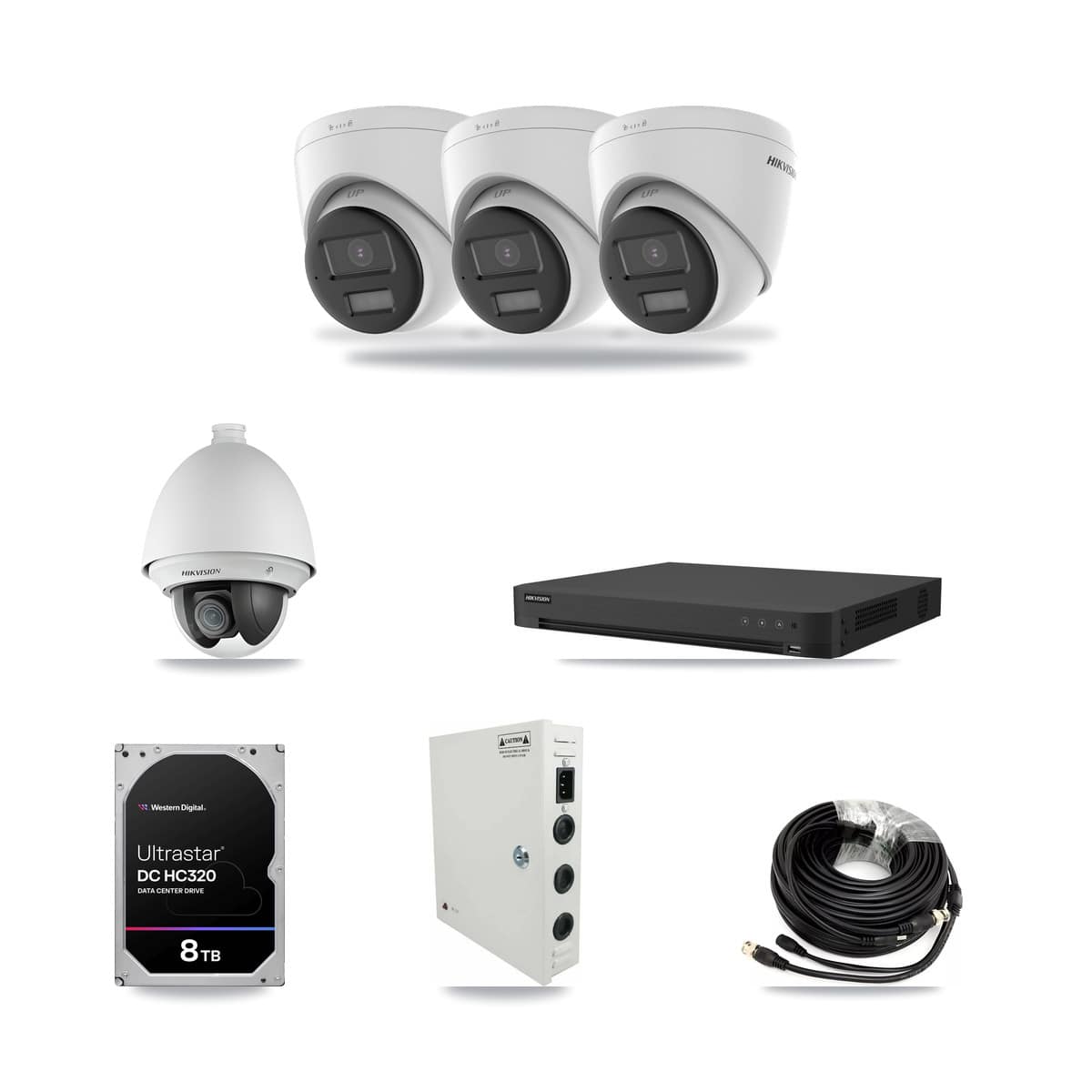 Hikvision 16-channel CCTV kit: 4 cameras (3× 4K Turret + 1× 2MP PTZ), 8TB hard drive