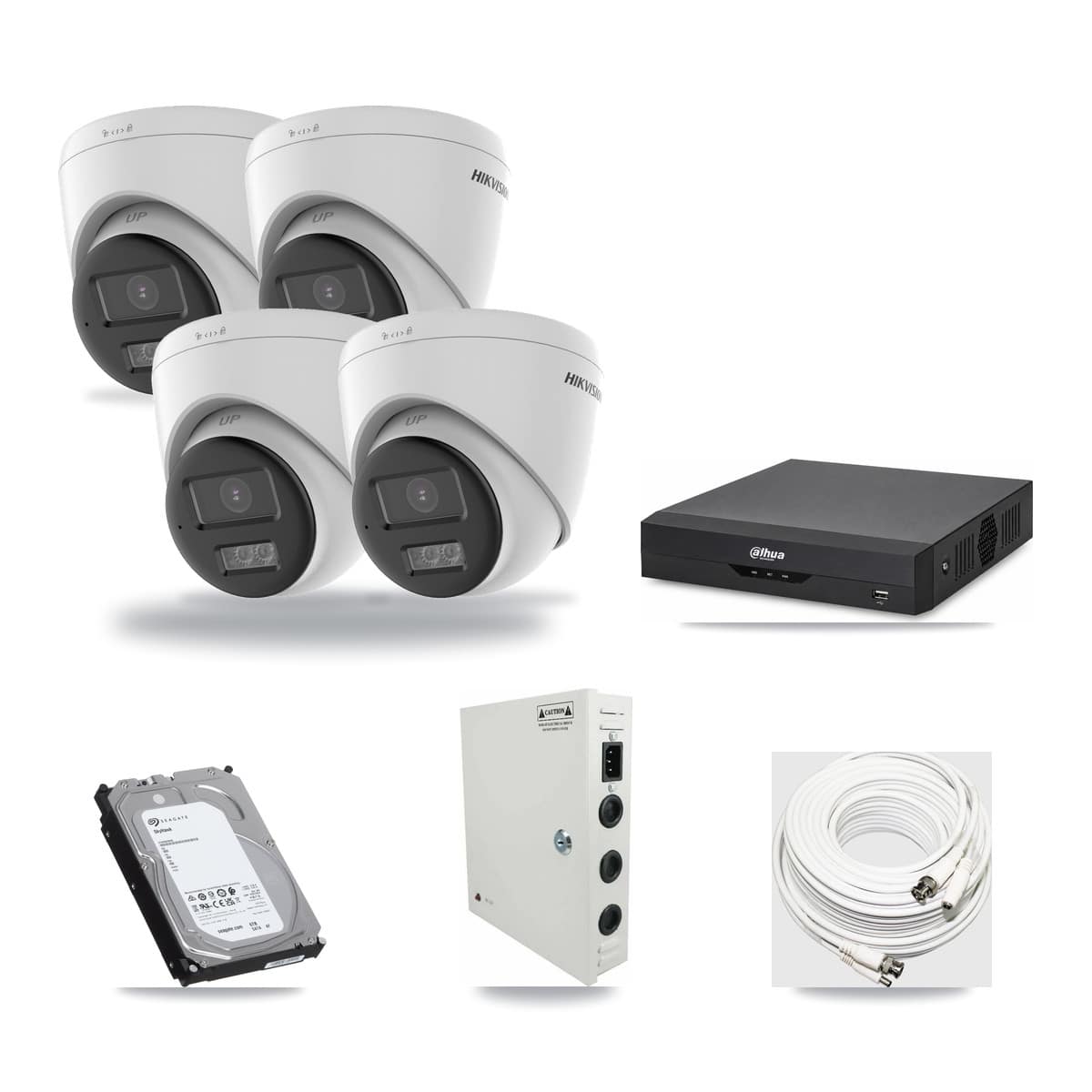 Hikvision & Dahua 4-Channel 5MP CCTV Kit — 4 DS-2CE78K0T-LTS Turret Cameras + 6TB Recording (DH-XVR5104HS-4KL-I2 Recorder) - Image 1