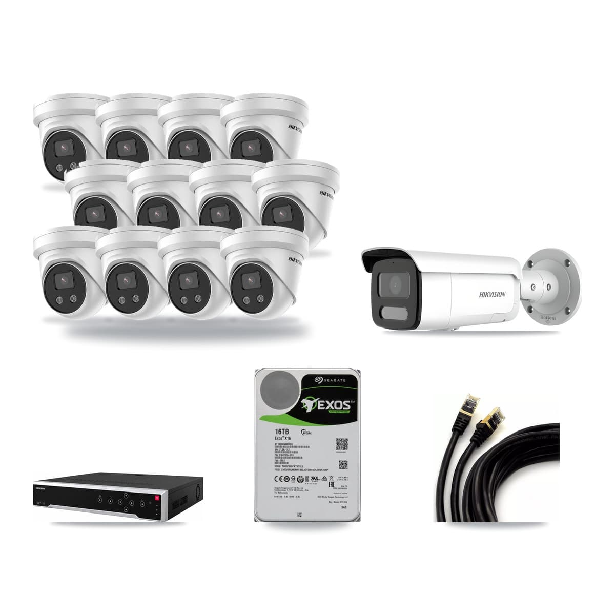 Hikvision 32-channel CCTV kit: 13 cameras (12× 5MP Turret + 1× 4MP Bullet), 16TB hard drive