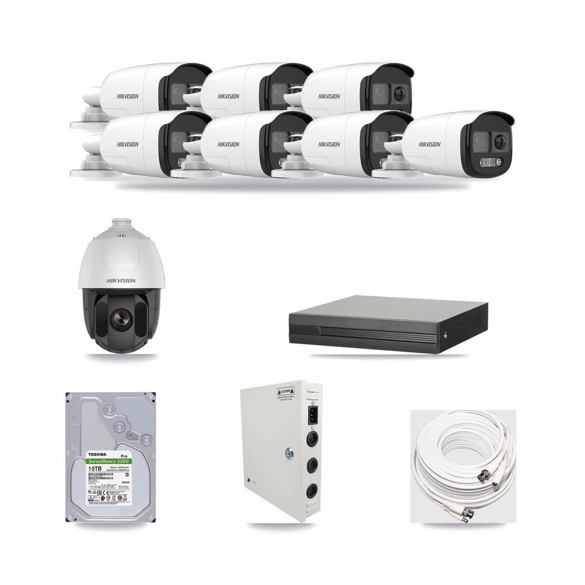 8-channel CCTV kit: 8 cameras (7× 5MP Bullet + 1× 2MP PTZ), 10TB hard drive